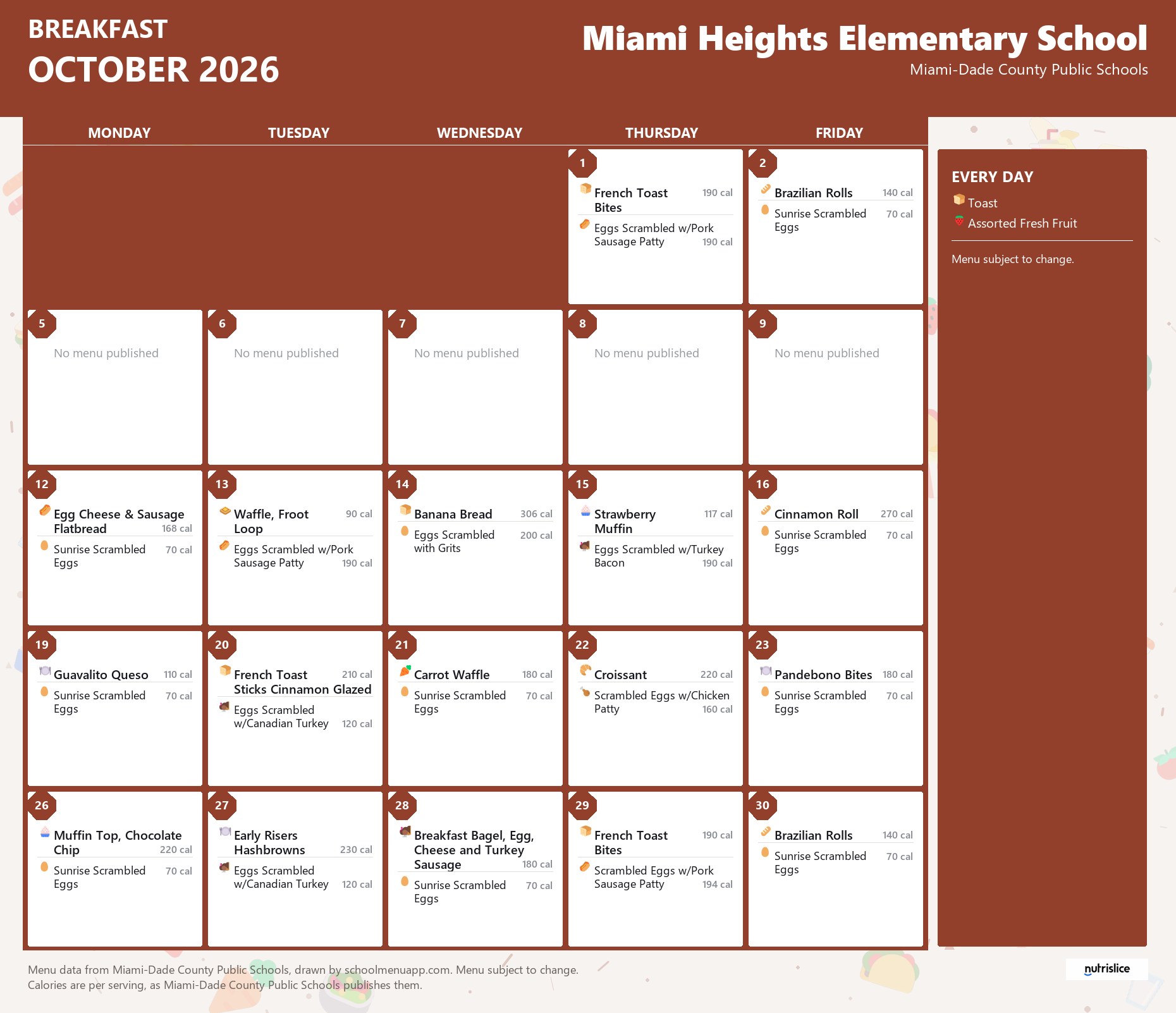 Miami Heights Elementary School breakfast menu for October 2026 &mdash; Miami-Dade County Public Schools