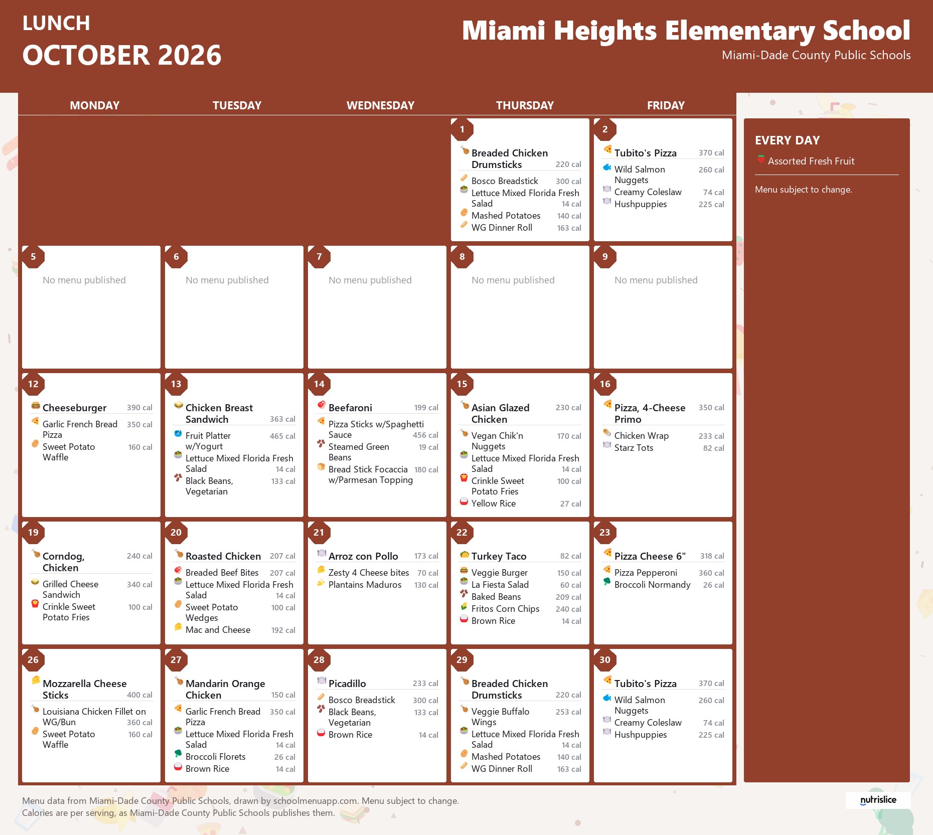 Miami Heights Elementary School lunch menu for October 2026 &mdash; Miami-Dade County Public Schools