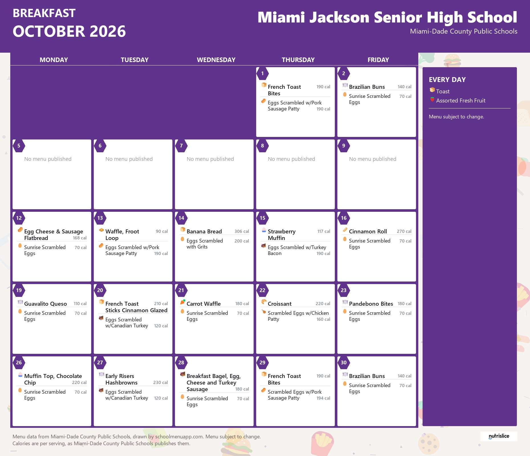 Miami Jackson Senior High School breakfast menu for October 2026 &mdash; Miami-Dade County Public Schools