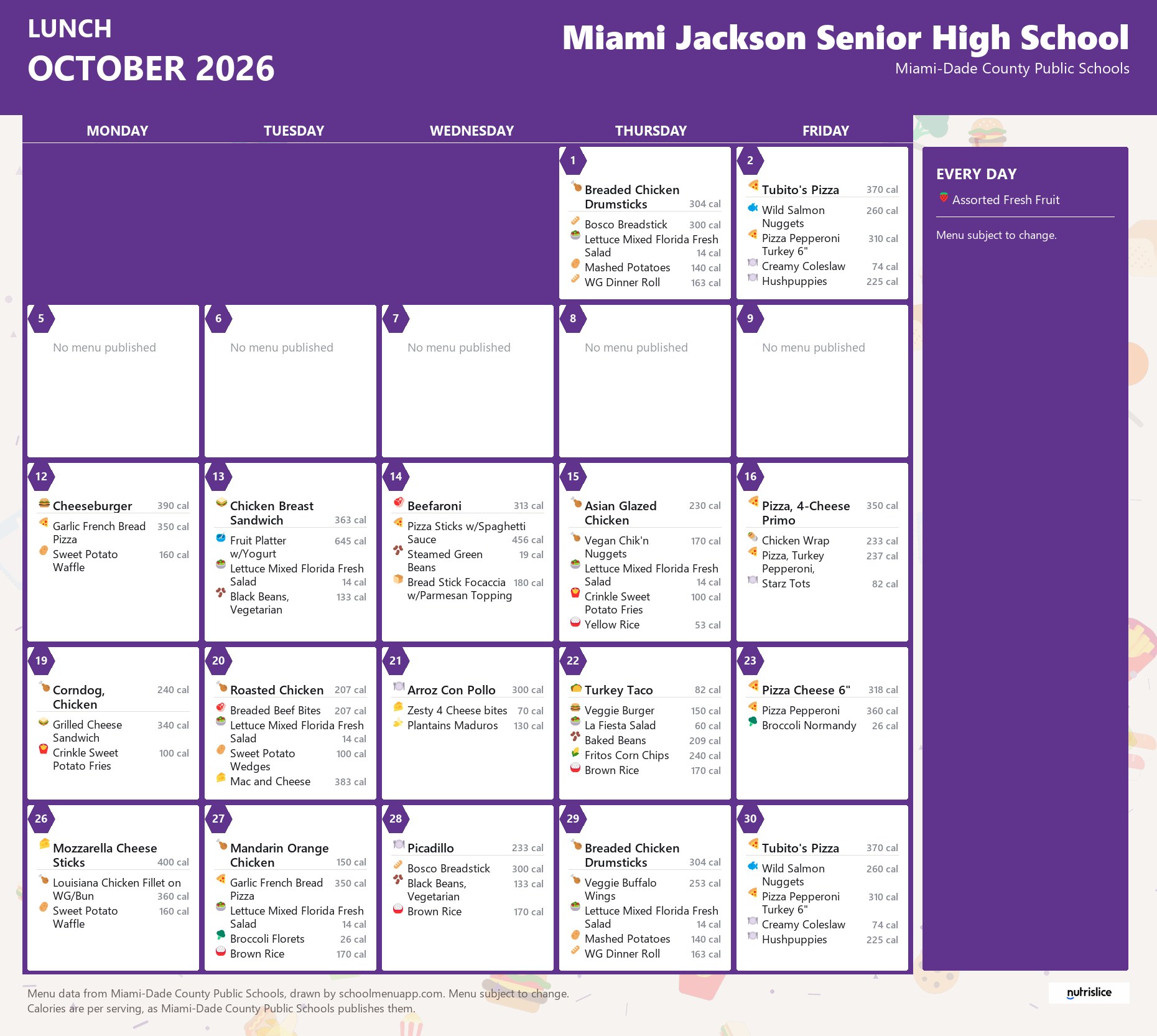 Miami Jackson Senior High School lunch menu for October 2026 &mdash; Miami-Dade County Public Schools