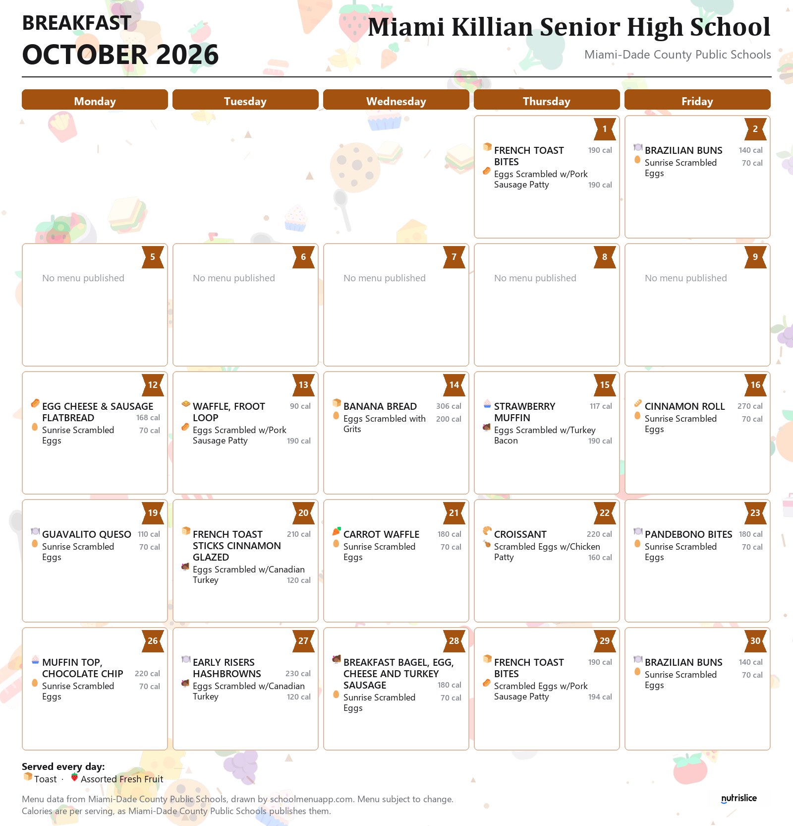 Miami Killian Senior High School breakfast menu for October 2026 &mdash; Miami-Dade County Public Schools