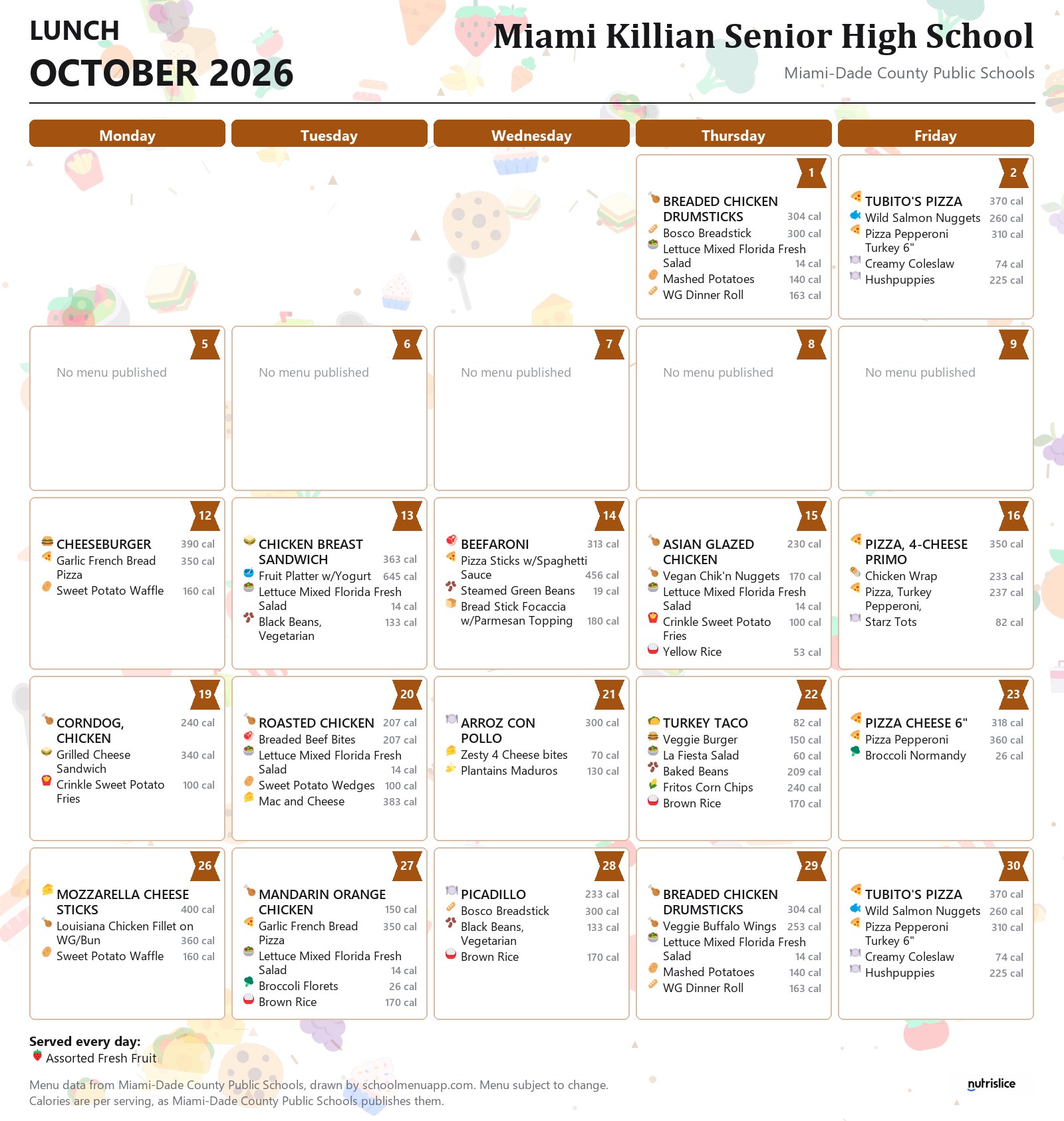 Miami Killian Senior High School lunch menu for October 2026 &mdash; Miami-Dade County Public Schools