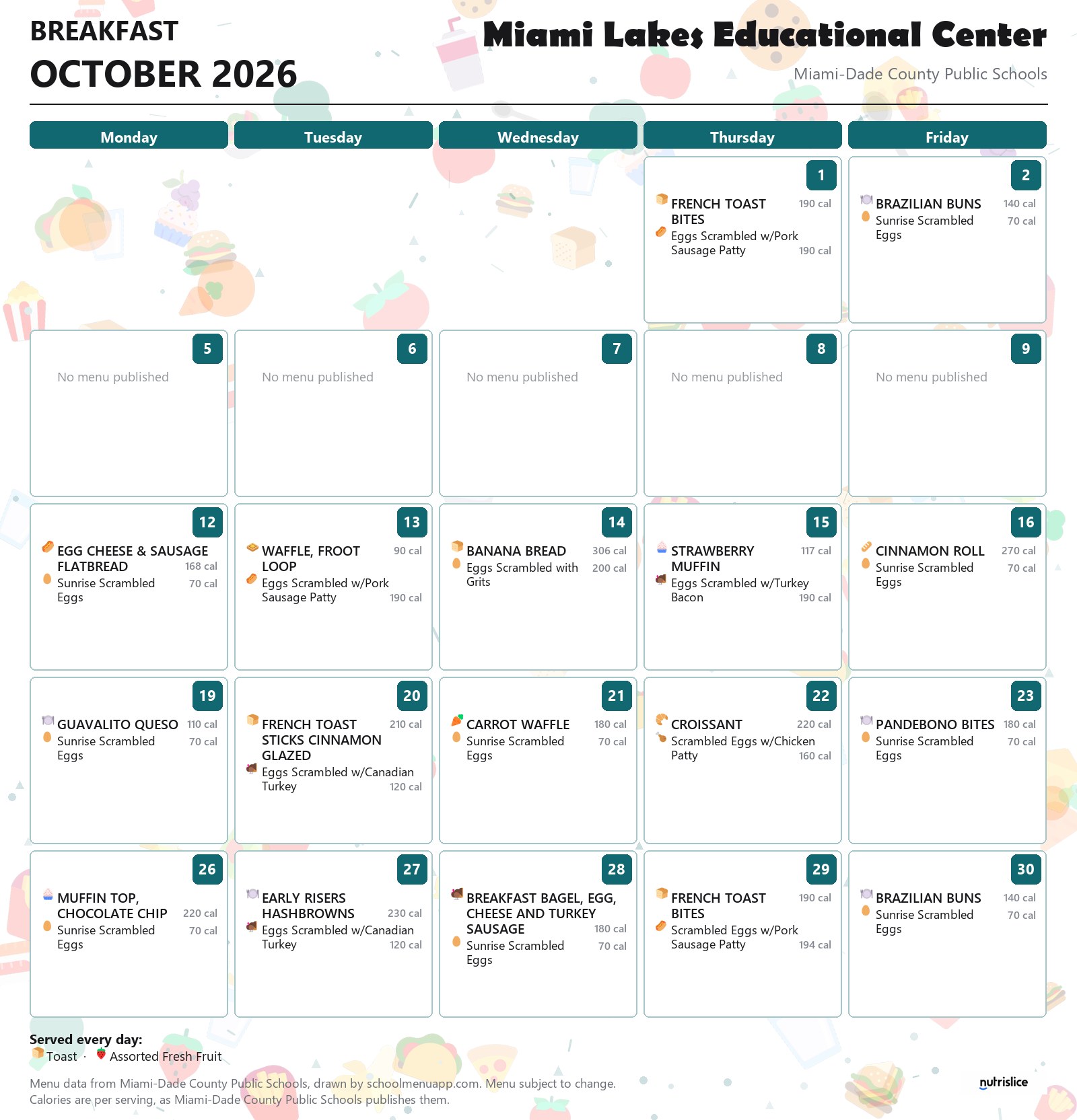 Miami Lakes Educational Center breakfast menu for October 2026 &mdash; Miami-Dade County Public Schools