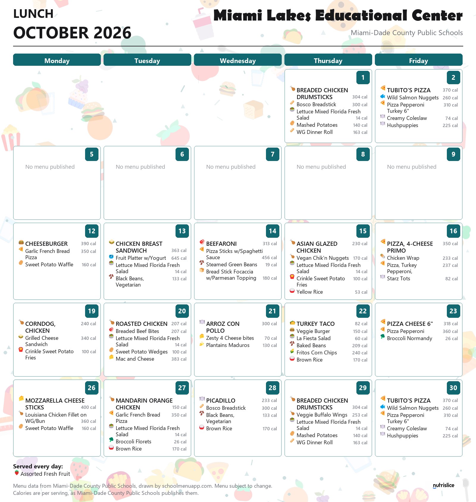 Miami Lakes Educational Center lunch menu for October 2026 &mdash; Miami-Dade County Public Schools