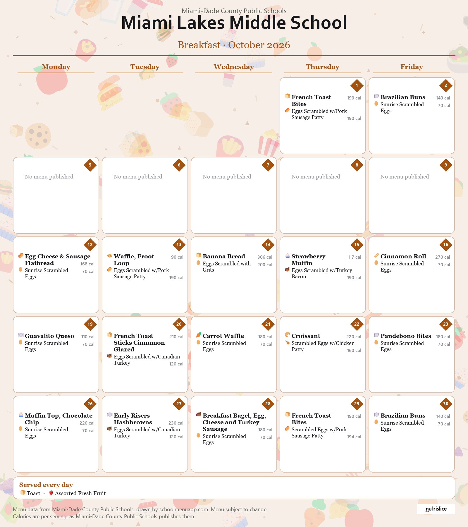 Miami Lakes Middle School breakfast menu for October 2026 &mdash; Miami-Dade County Public Schools