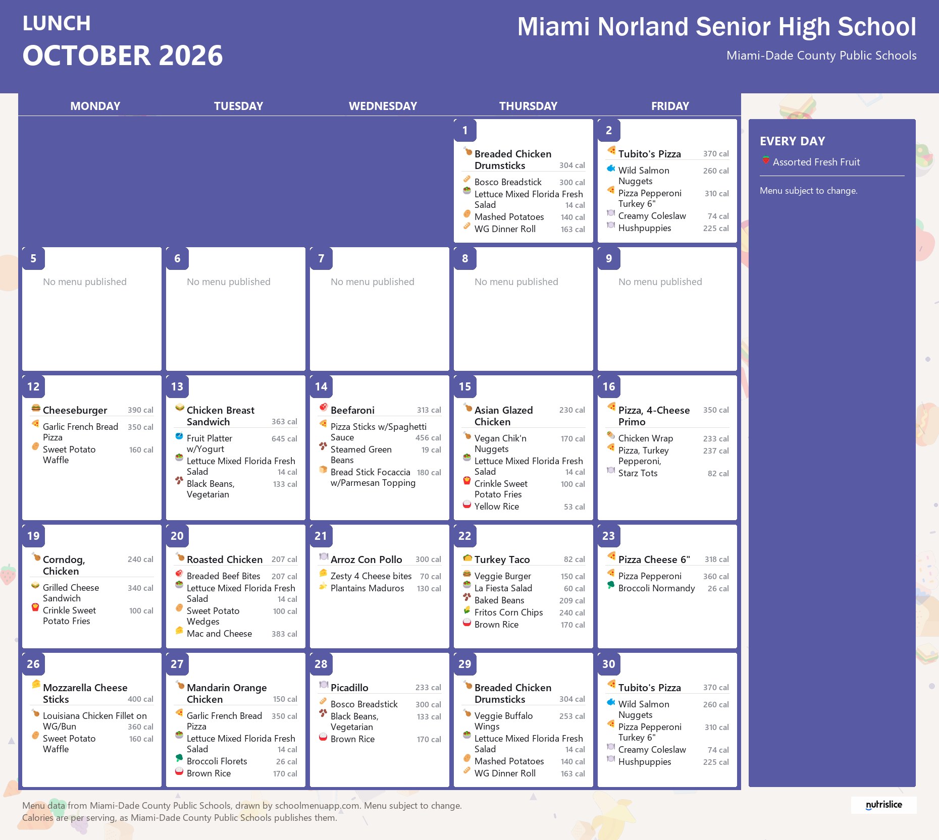 Miami Norland Senior High School lunch menu for October 2026 &mdash; Miami-Dade County Public Schools