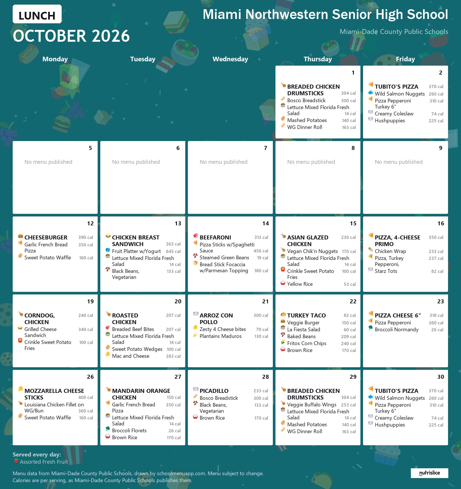 Miami Northwestern Senior High School lunch menu for October 2026 &mdash; Miami-Dade County Public Schools