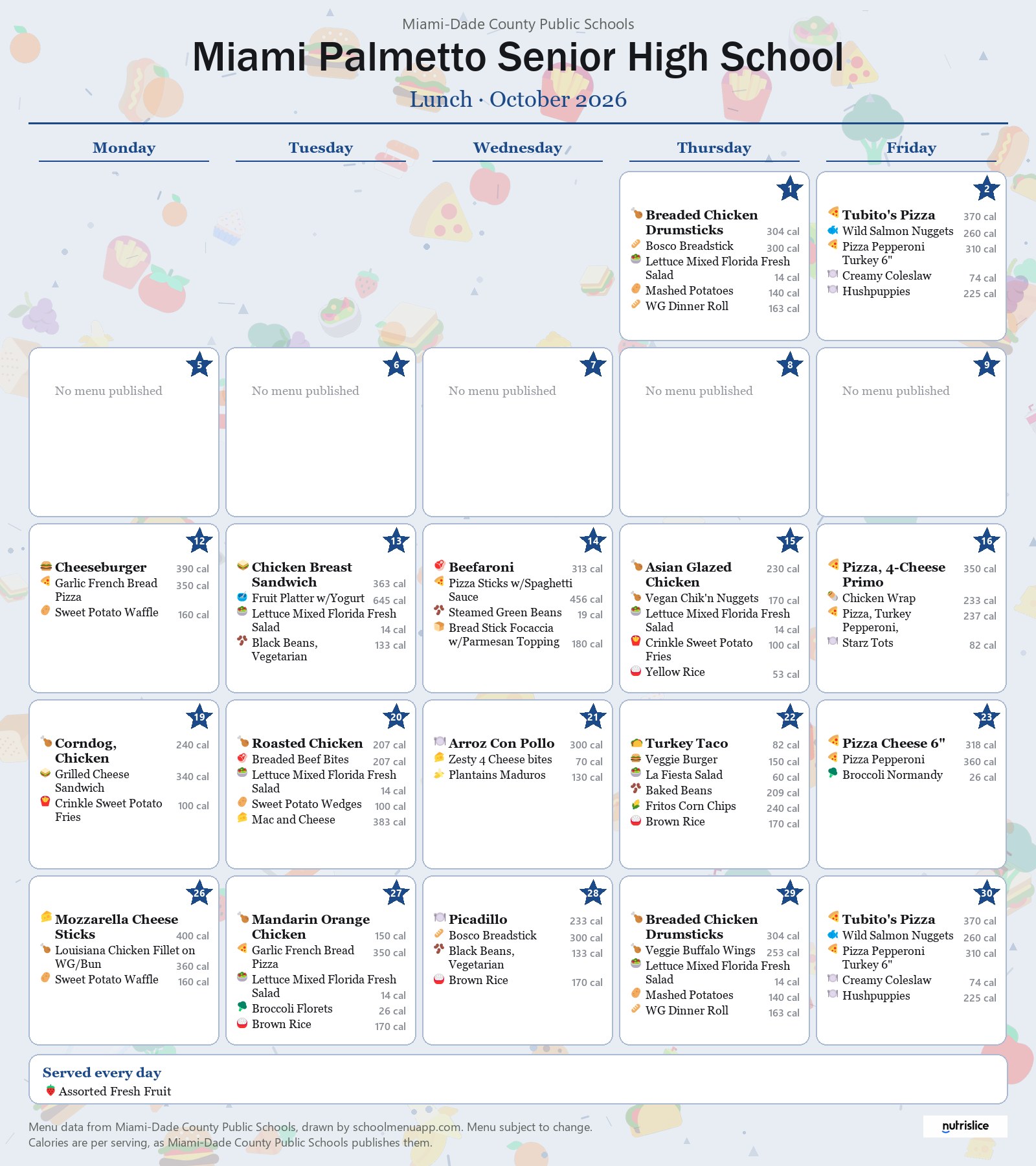 Miami Palmetto Senior High School lunch menu for October 2026 &mdash; Miami-Dade County Public Schools