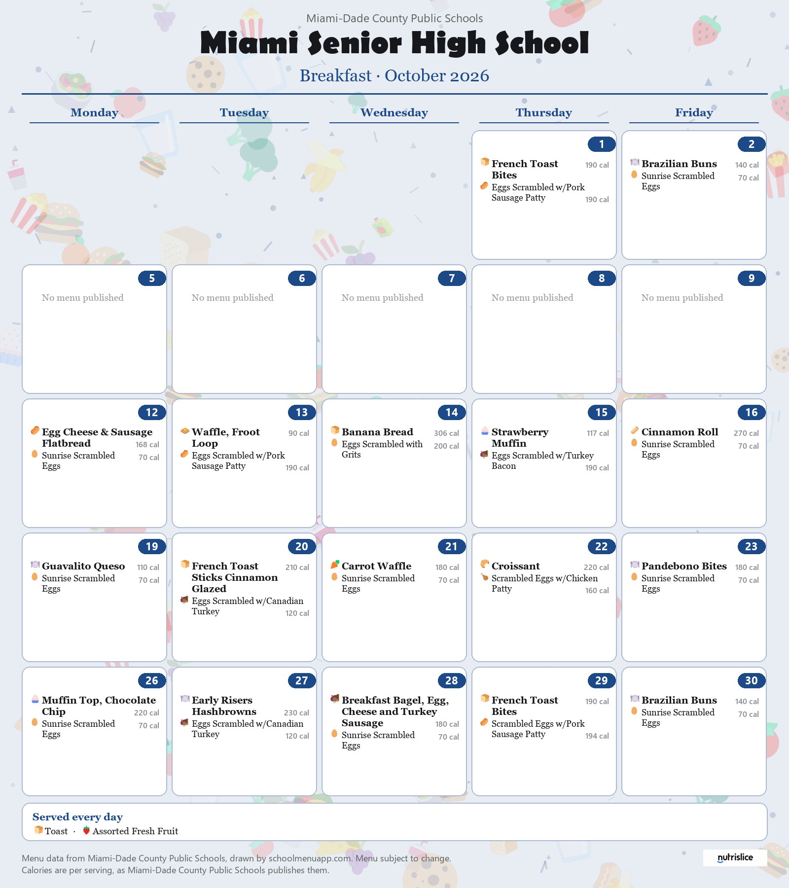 Miami Senior High School breakfast menu for October 2026 &mdash; Miami-Dade County Public Schools