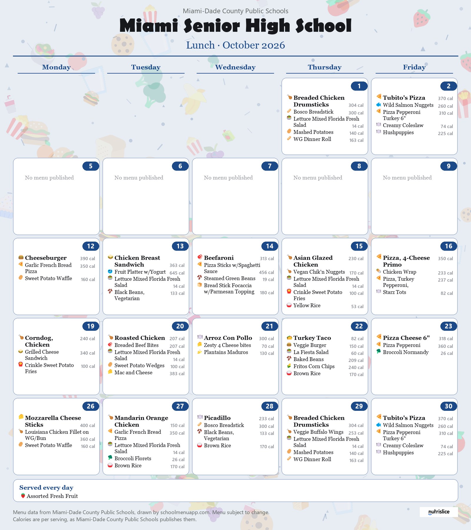 Miami Senior High School lunch menu for October 2026 &mdash; Miami-Dade County Public Schools