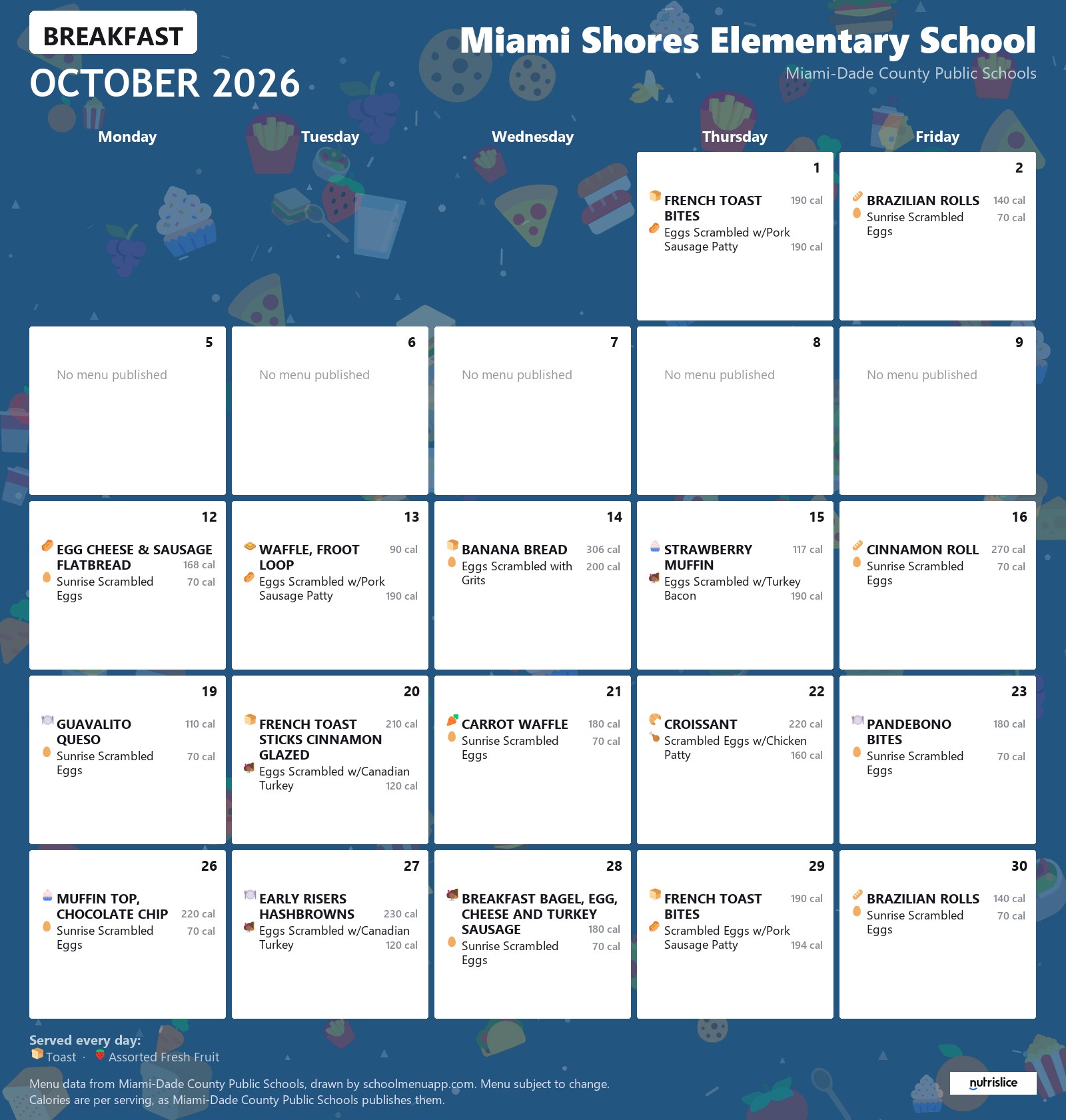 Miami Shores Elementary School breakfast menu for October 2026 &mdash; Miami-Dade County Public Schools