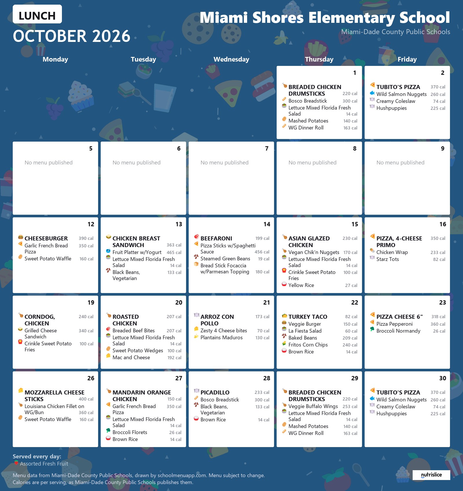 Miami Shores Elementary School lunch menu for October 2026 &mdash; Miami-Dade County Public Schools