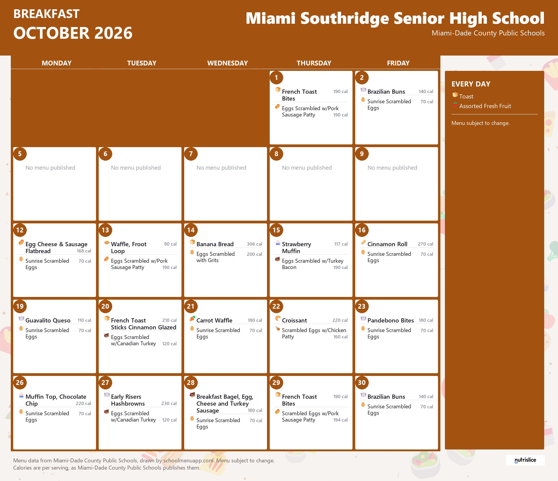 Miami Southridge Senior High School breakfast menu for October 2026 &mdash; Miami-Dade County Public Schools