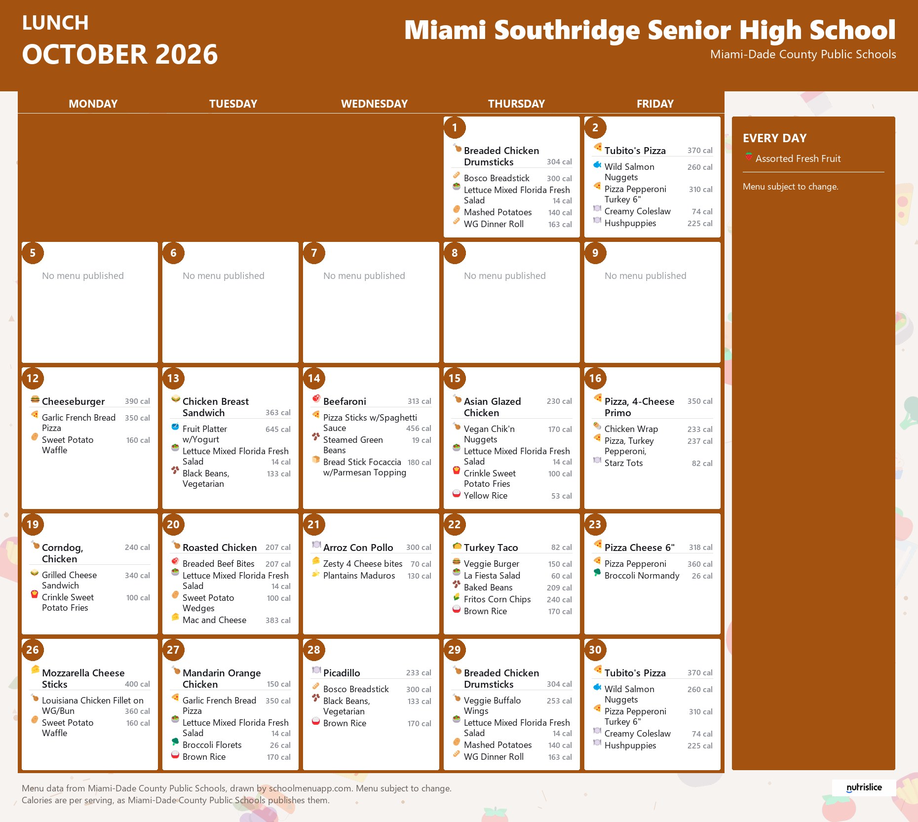 Miami Southridge Senior High School lunch menu for October 2026 &mdash; Miami-Dade County Public Schools