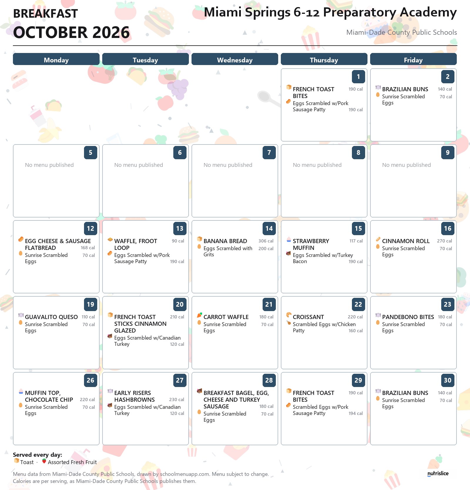 Miami Springs 6-12 Preparatory Academy breakfast menu for October 2026 &mdash; Miami-Dade County Public Schools