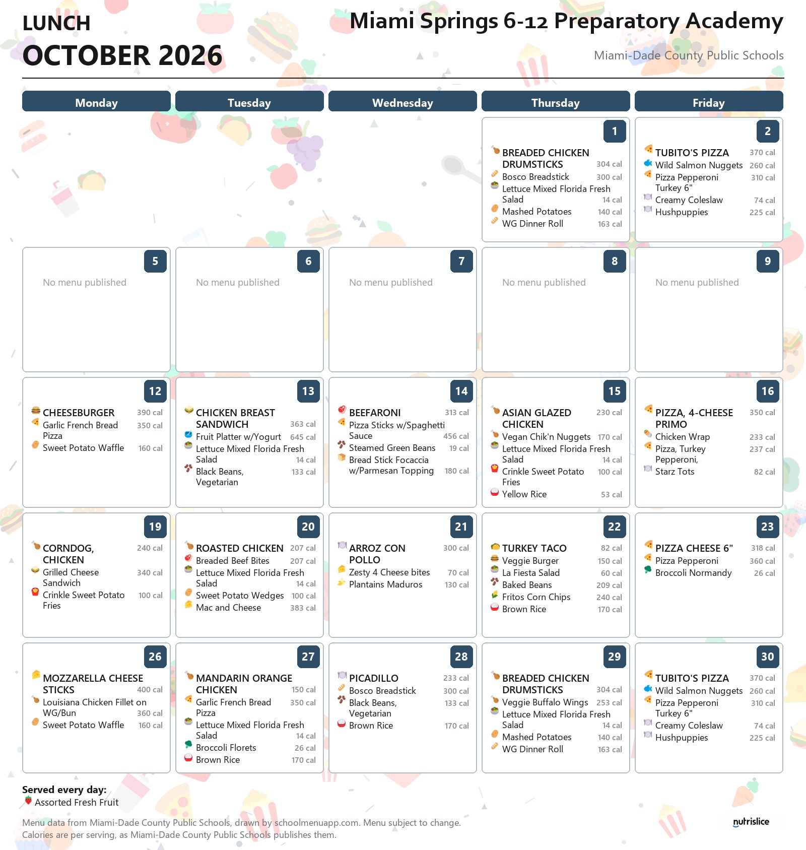 Miami Springs 6-12 Preparatory Academy lunch menu for October 2026 &mdash; Miami-Dade County Public Schools
