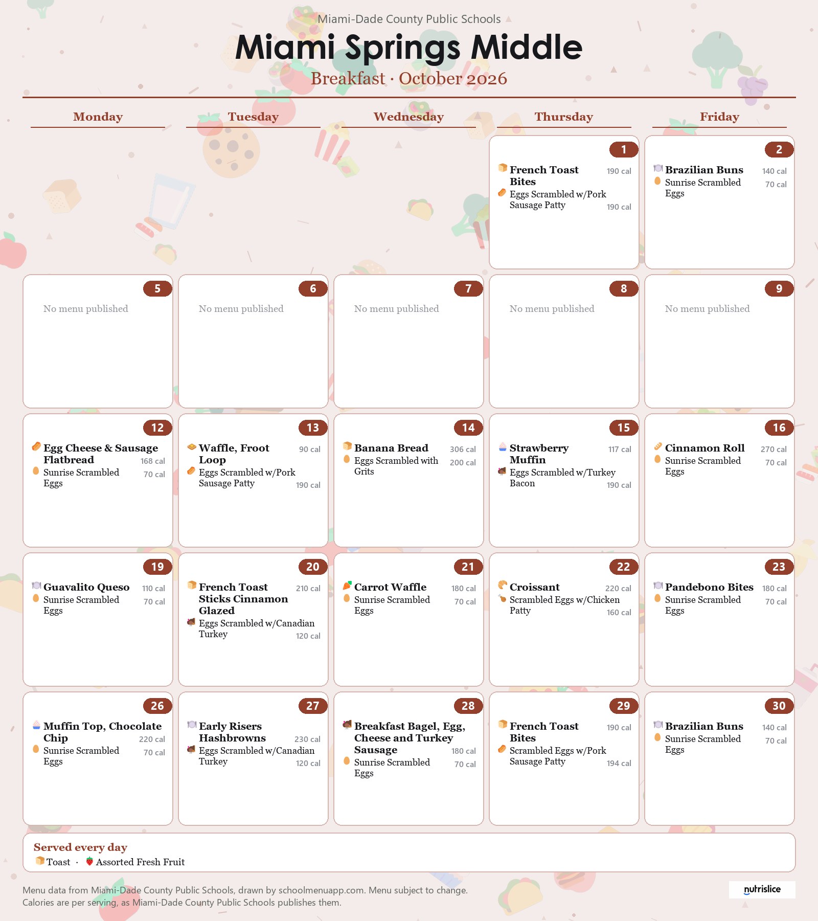 Miami Springs Middle breakfast menu for October 2026 &mdash; Miami-Dade County Public Schools