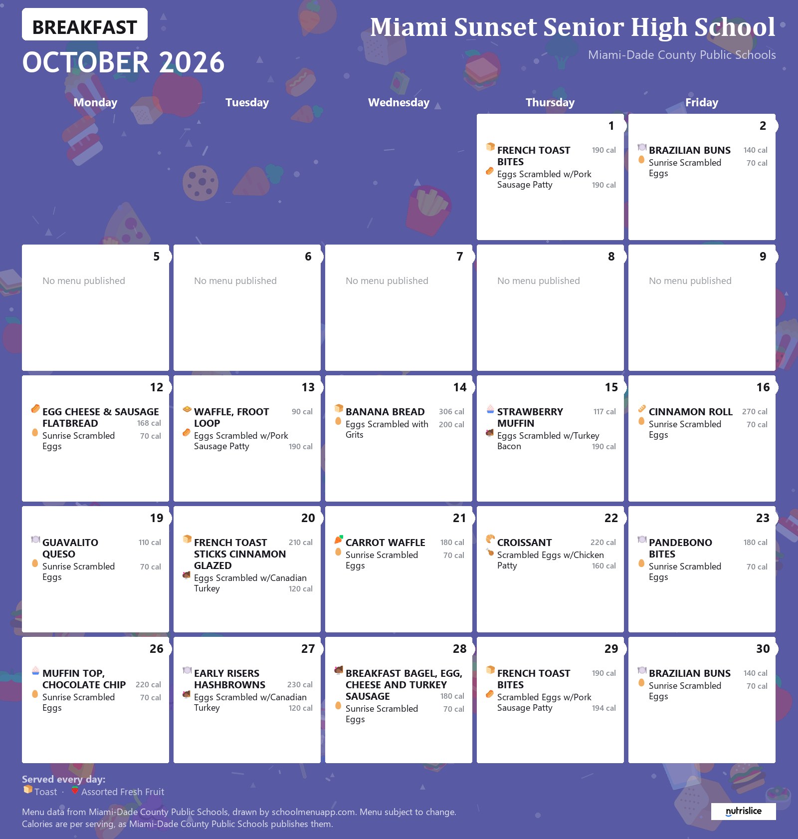 Miami Sunset Senior High School breakfast menu for October 2026 &mdash; Miami-Dade County Public Schools