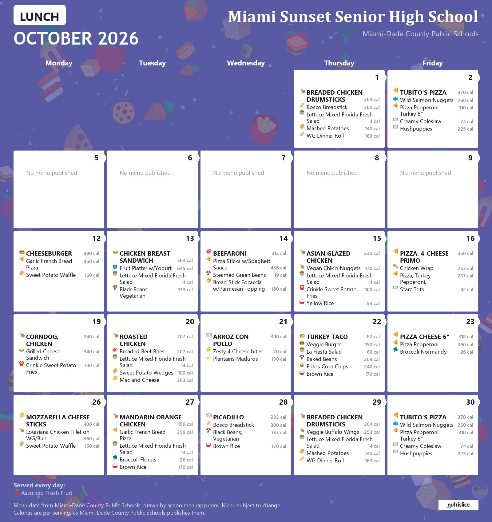 Miami Sunset Senior High School lunch menu for October 2026 &mdash; Miami-Dade County Public Schools