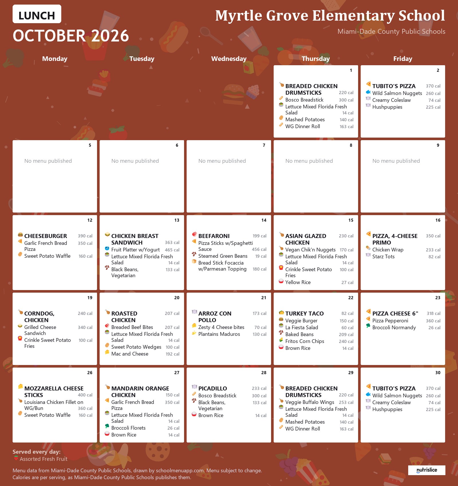 Myrtle Grove Elementary School lunch menu for October 2026 &mdash; Miami-Dade County Public Schools