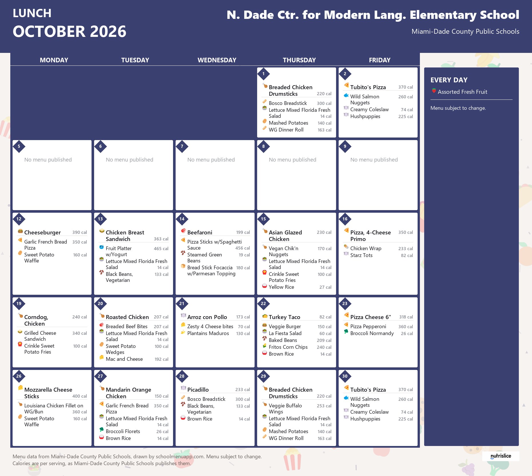 N. Dade Ctr. for Modern Lang. Elementary School lunch menu for October 2026 &mdash; Miami-Dade County Public Schools