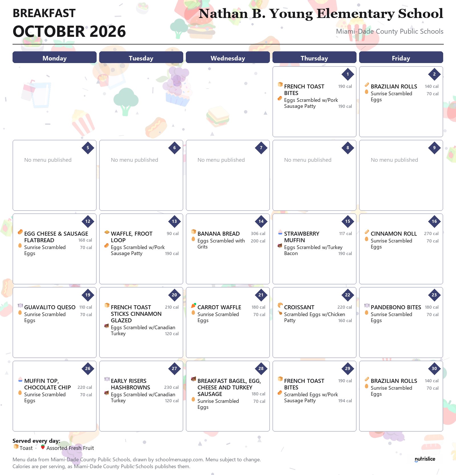 Nathan B. Young Elementary School breakfast menu for October 2026 &mdash; Miami-Dade County Public Schools