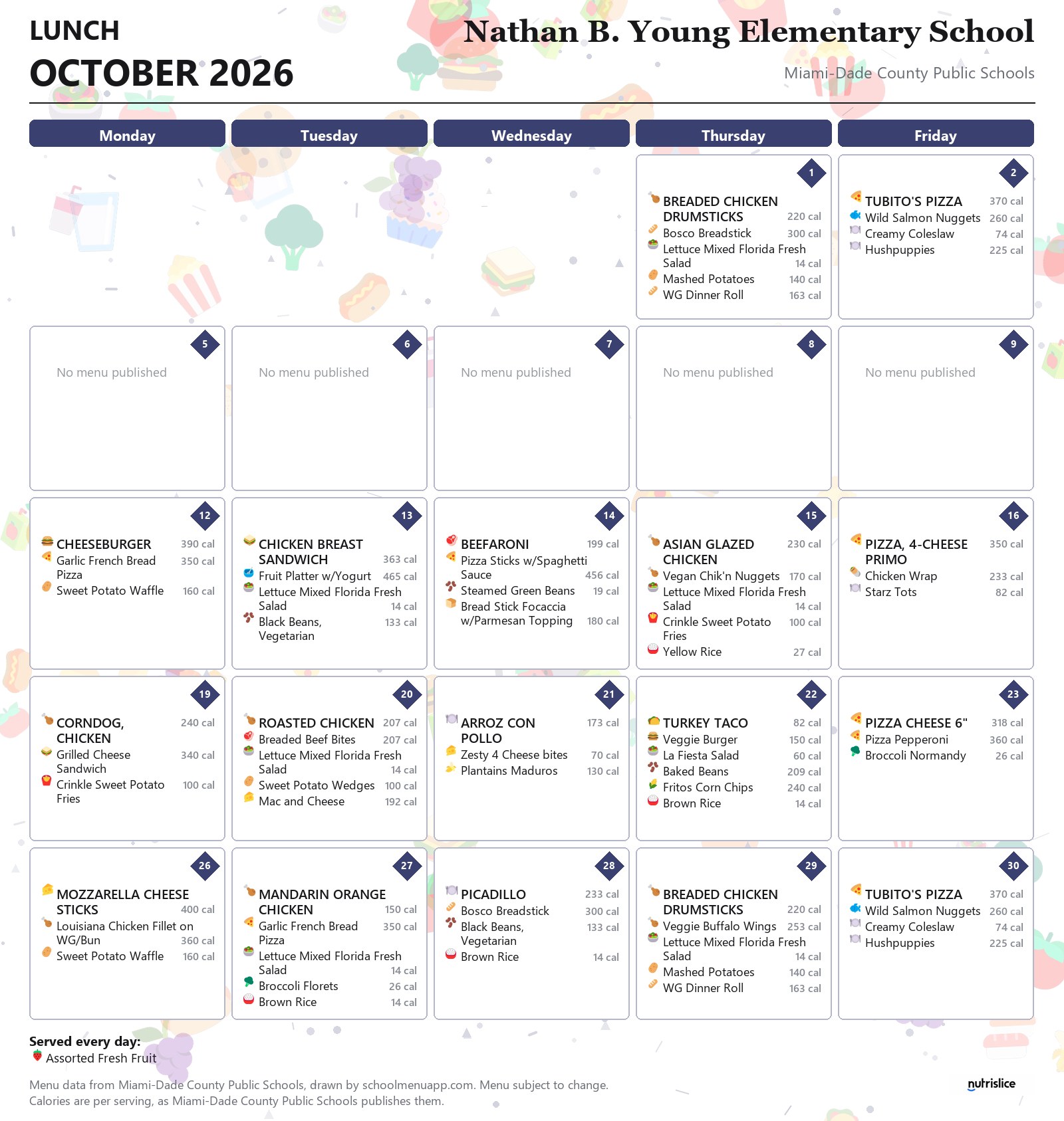 Nathan B. Young Elementary School lunch menu for October 2026 &mdash; Miami-Dade County Public Schools