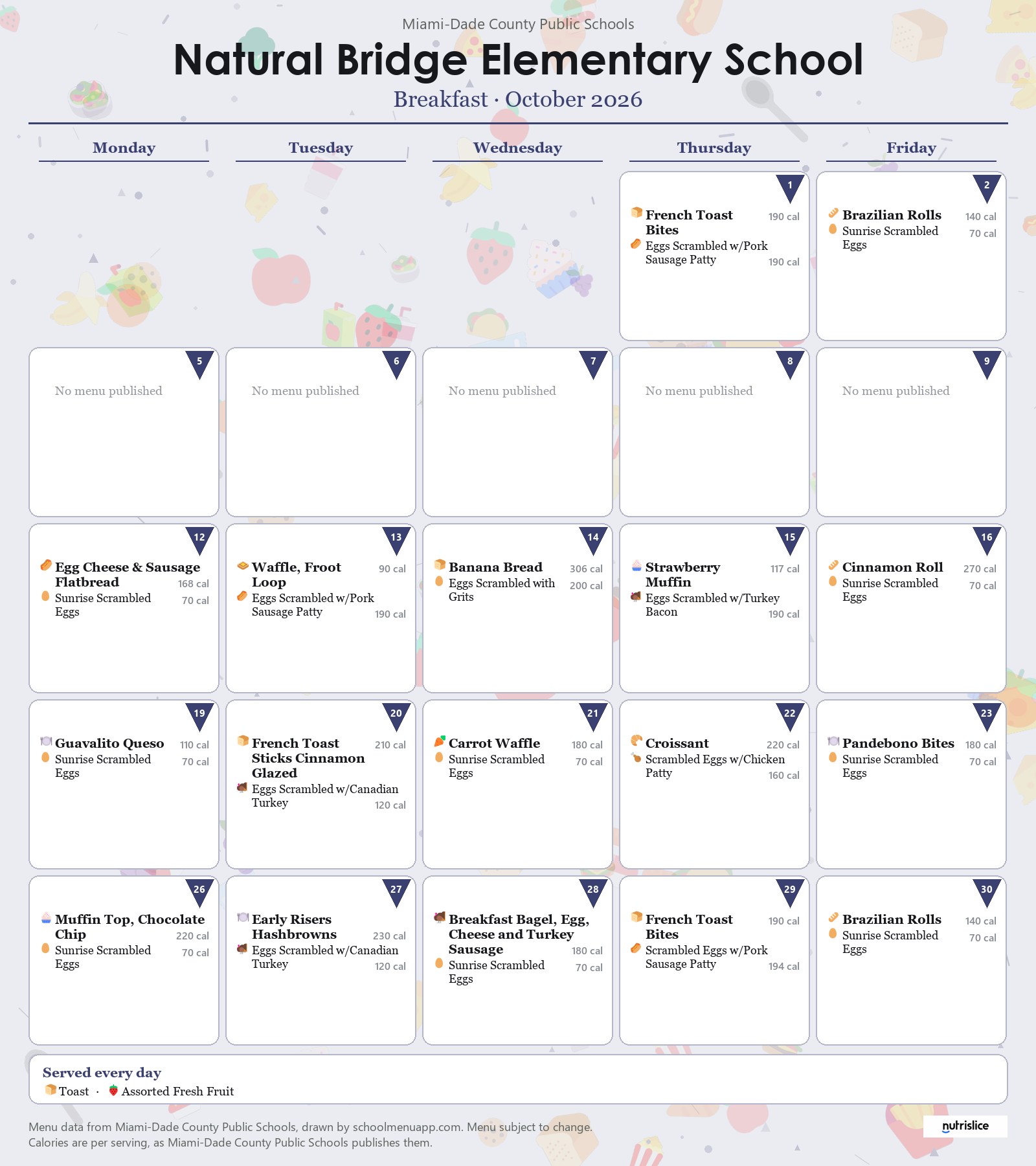Natural Bridge Elementary School breakfast menu for October 2026 &mdash; Miami-Dade County Public Schools