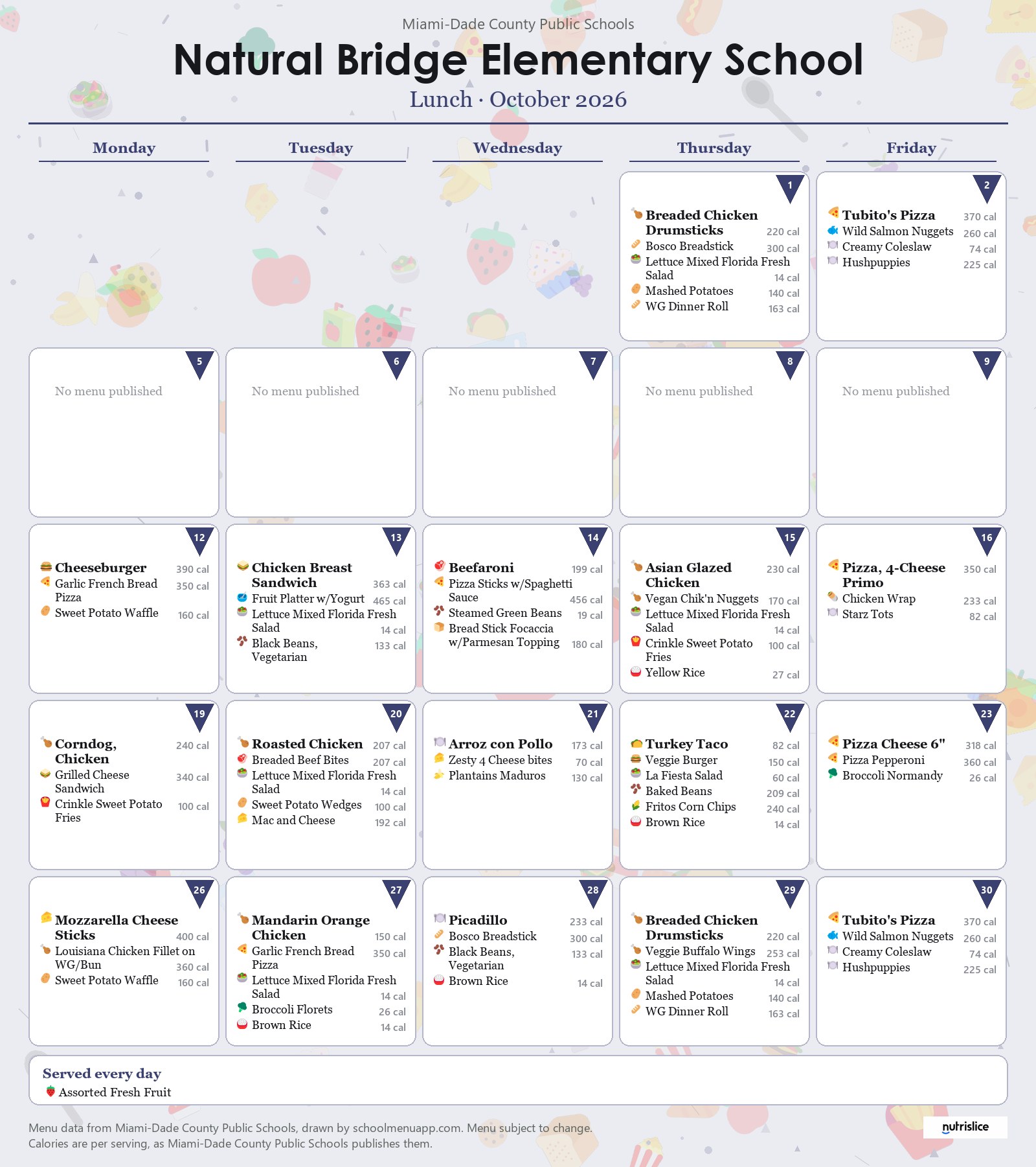 Natural Bridge Elementary School lunch menu for October 2026 &mdash; Miami-Dade County Public Schools