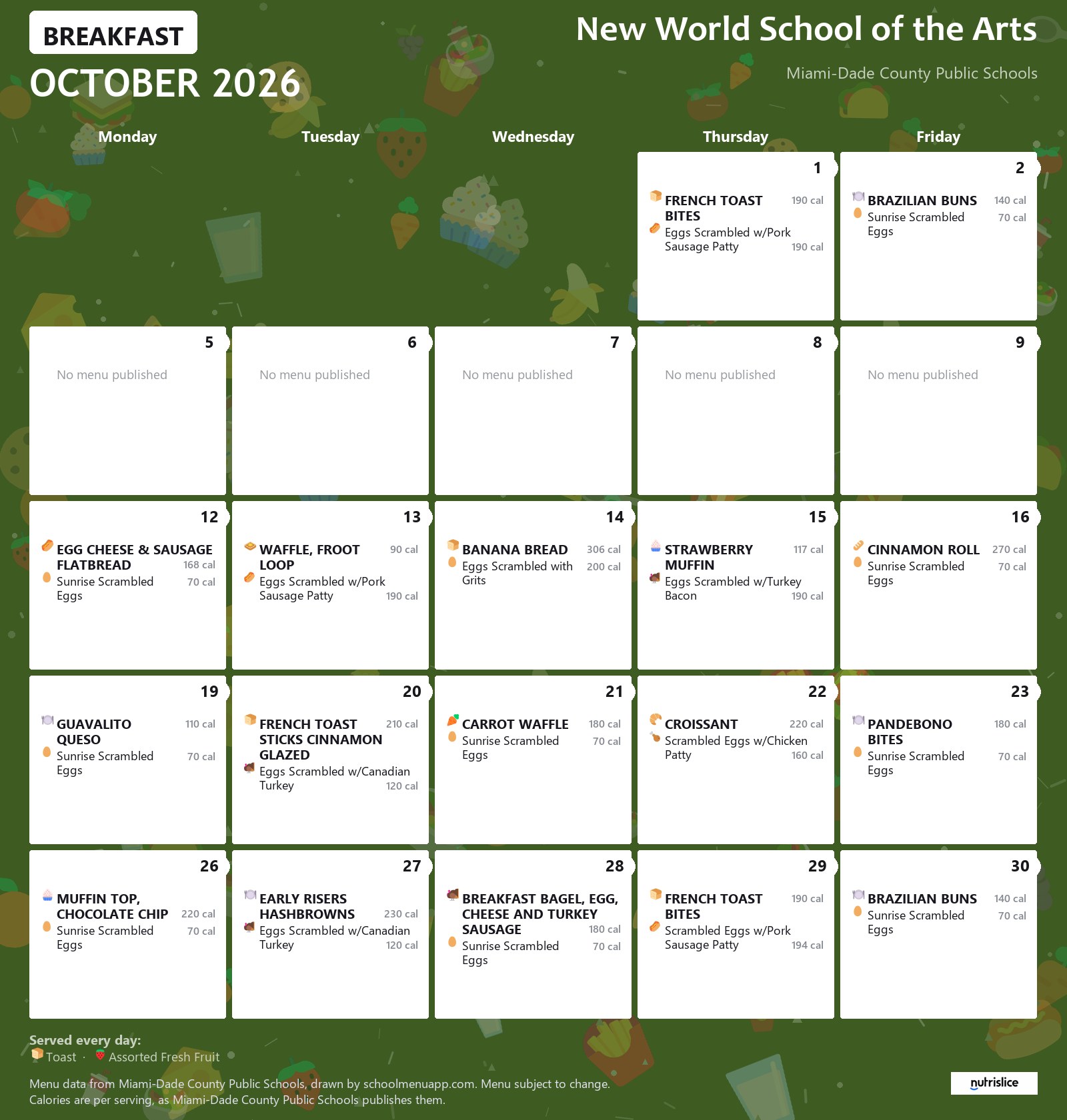 New World School of the Arts breakfast menu for October 2026 &mdash; Miami-Dade County Public Schools