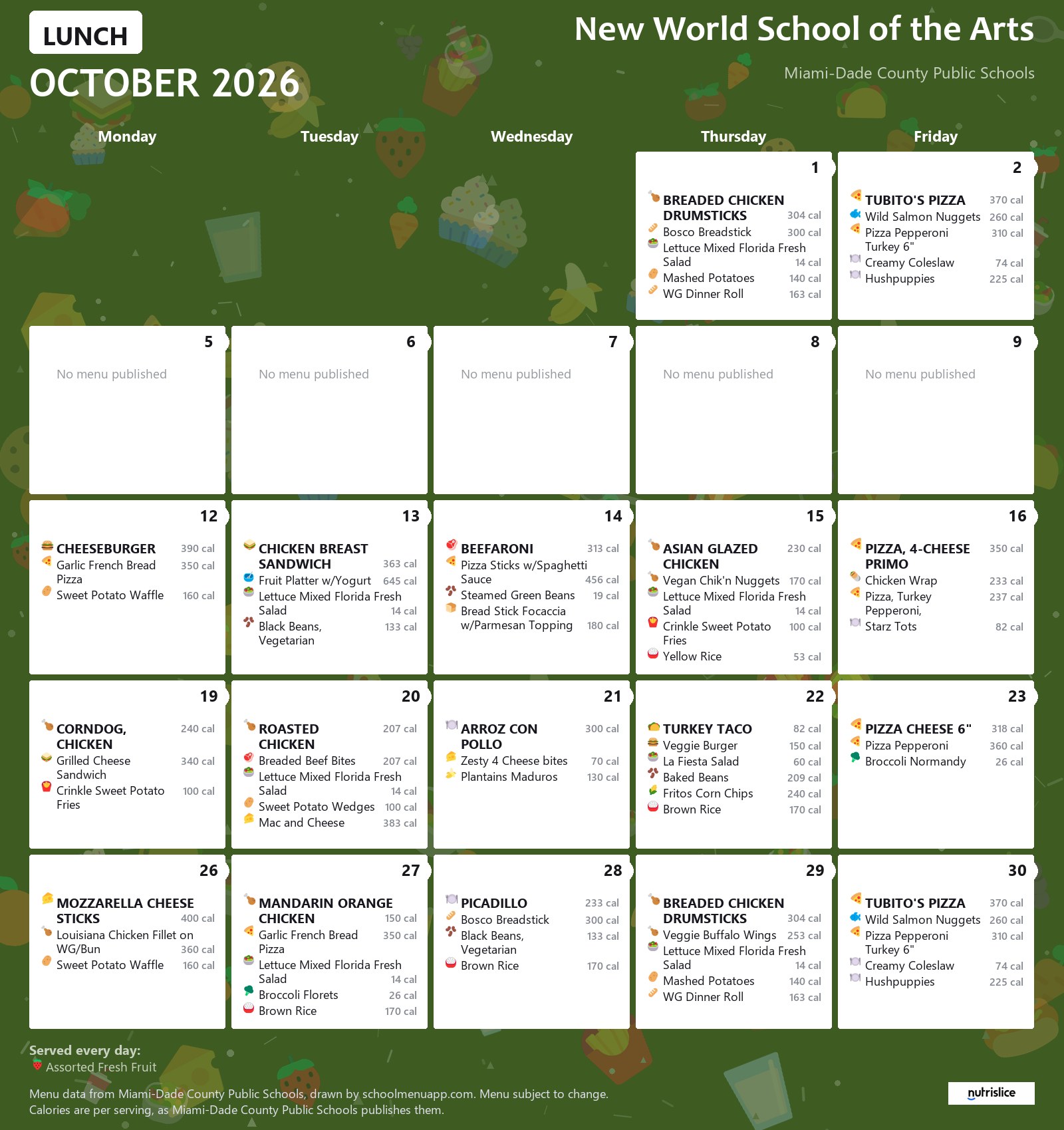 New World School of the Arts lunch menu for October 2026 &mdash; Miami-Dade County Public Schools