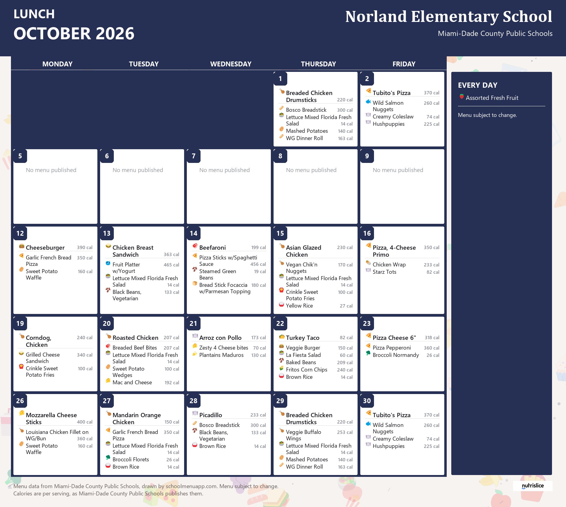 Norland Elementary School lunch menu for October 2026 &mdash; Miami-Dade County Public Schools