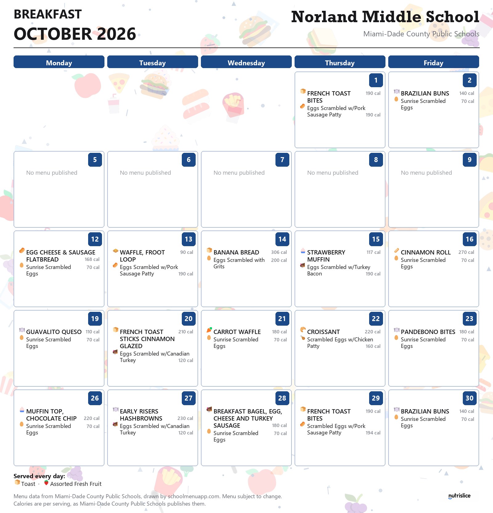 Norland Middle School breakfast menu for October 2026 &mdash; Miami-Dade County Public Schools