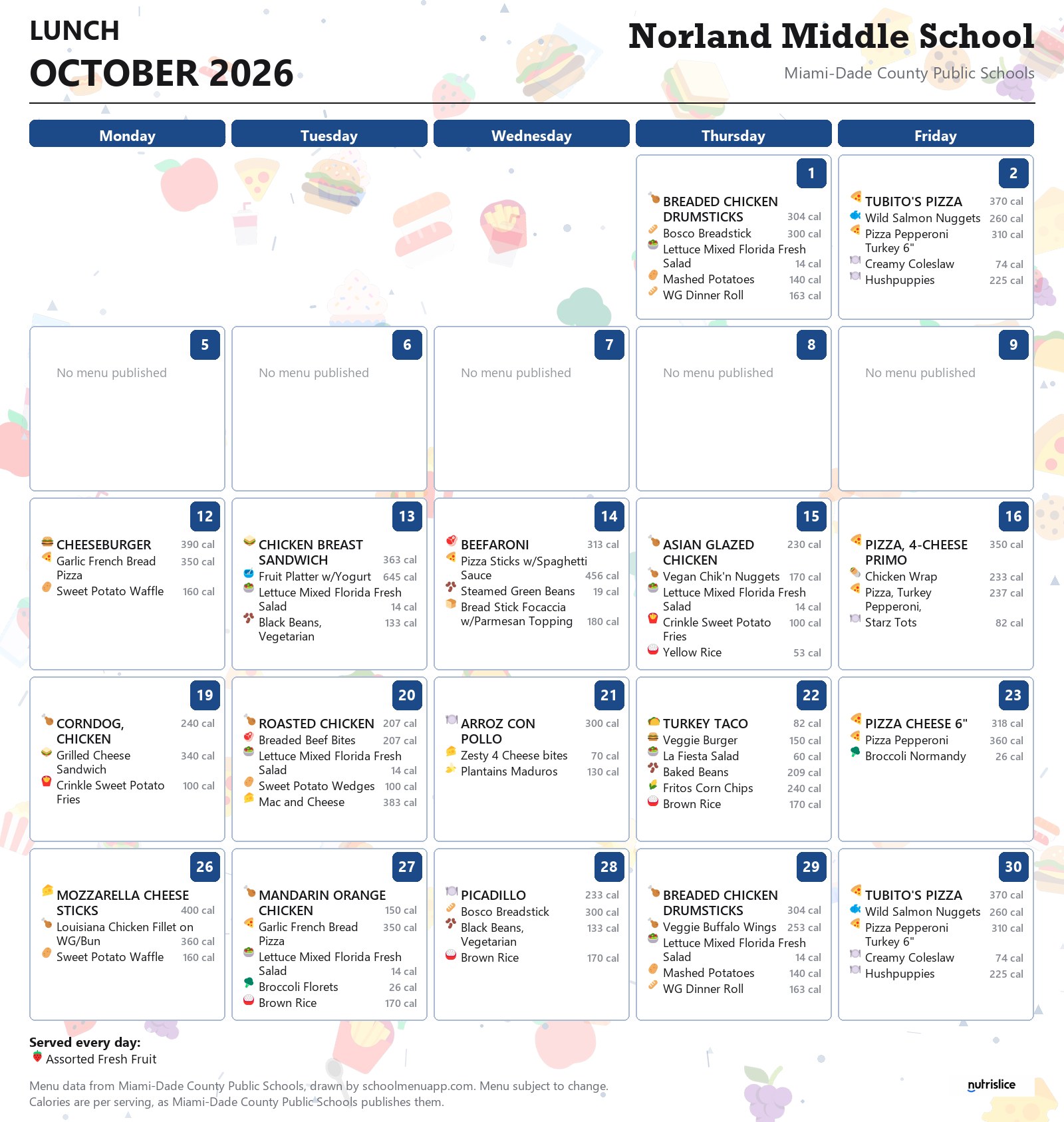 Norland Middle School lunch menu for October 2026 &mdash; Miami-Dade County Public Schools