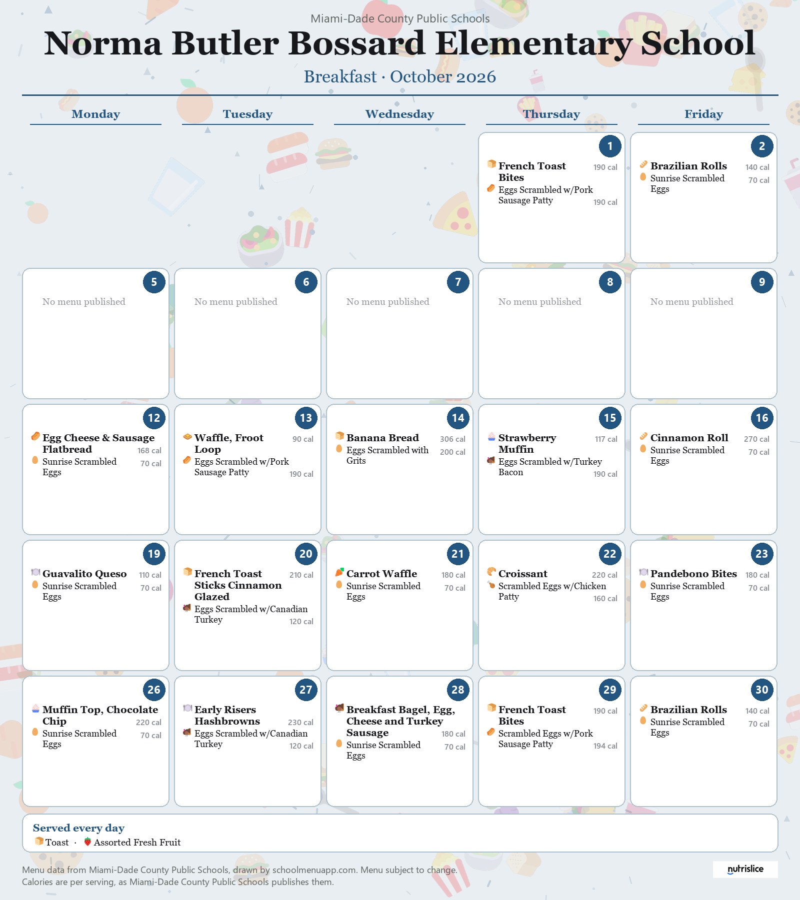 Norma Butler Bossard Elementary School breakfast menu for October 2026 &mdash; Miami-Dade County Public Schools