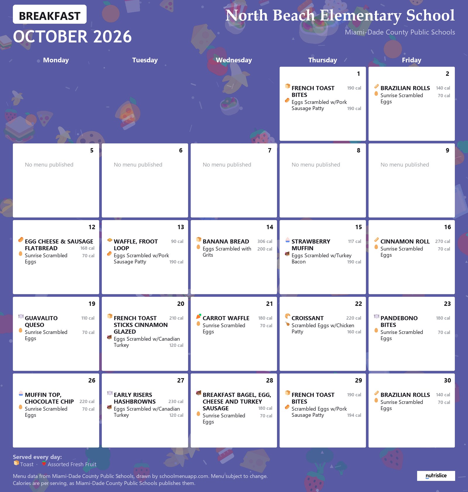 North Beach Elementary School breakfast menu for October 2026 &mdash; Miami-Dade County Public Schools