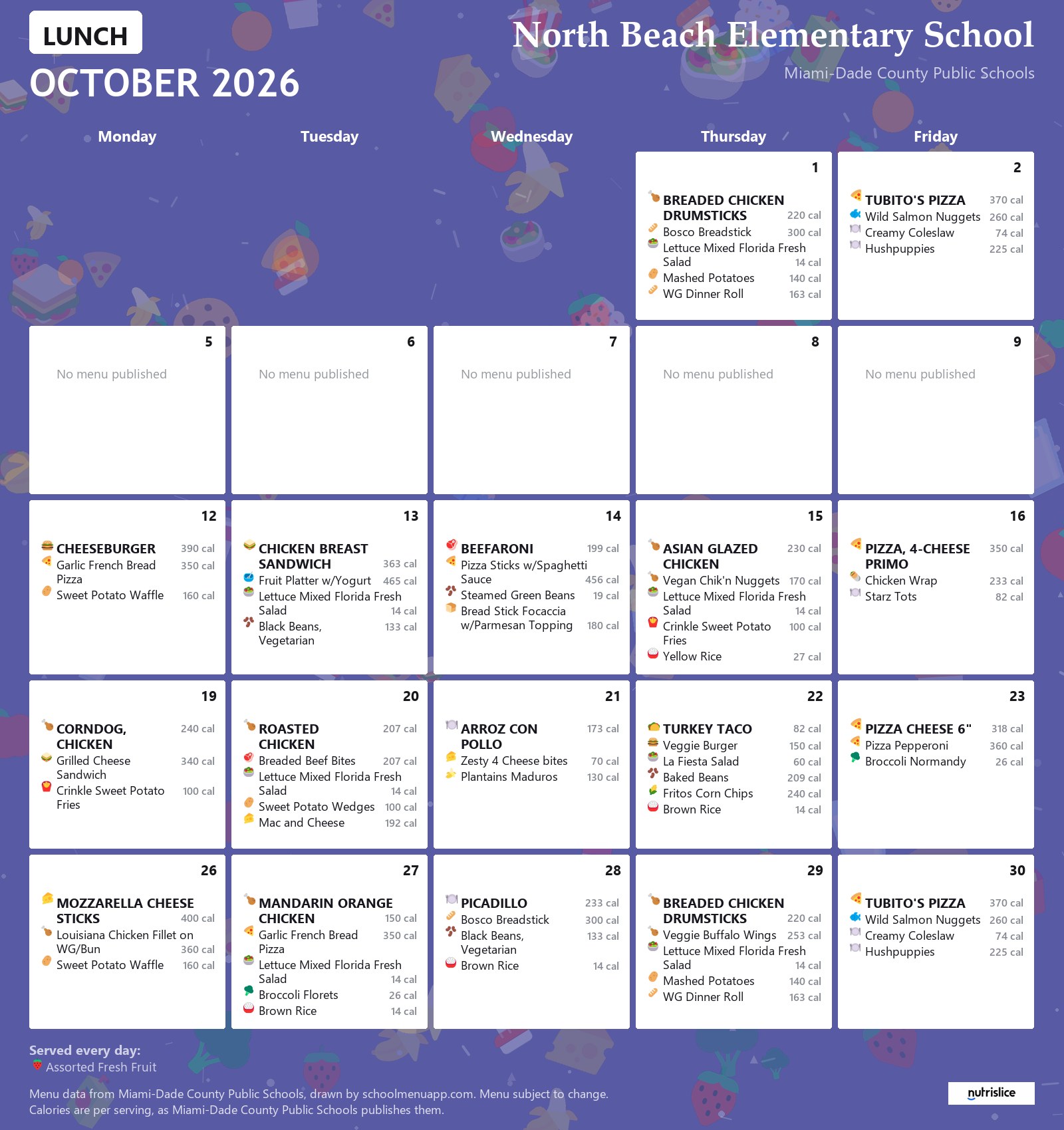 North Beach Elementary School lunch menu for October 2026 &mdash; Miami-Dade County Public Schools