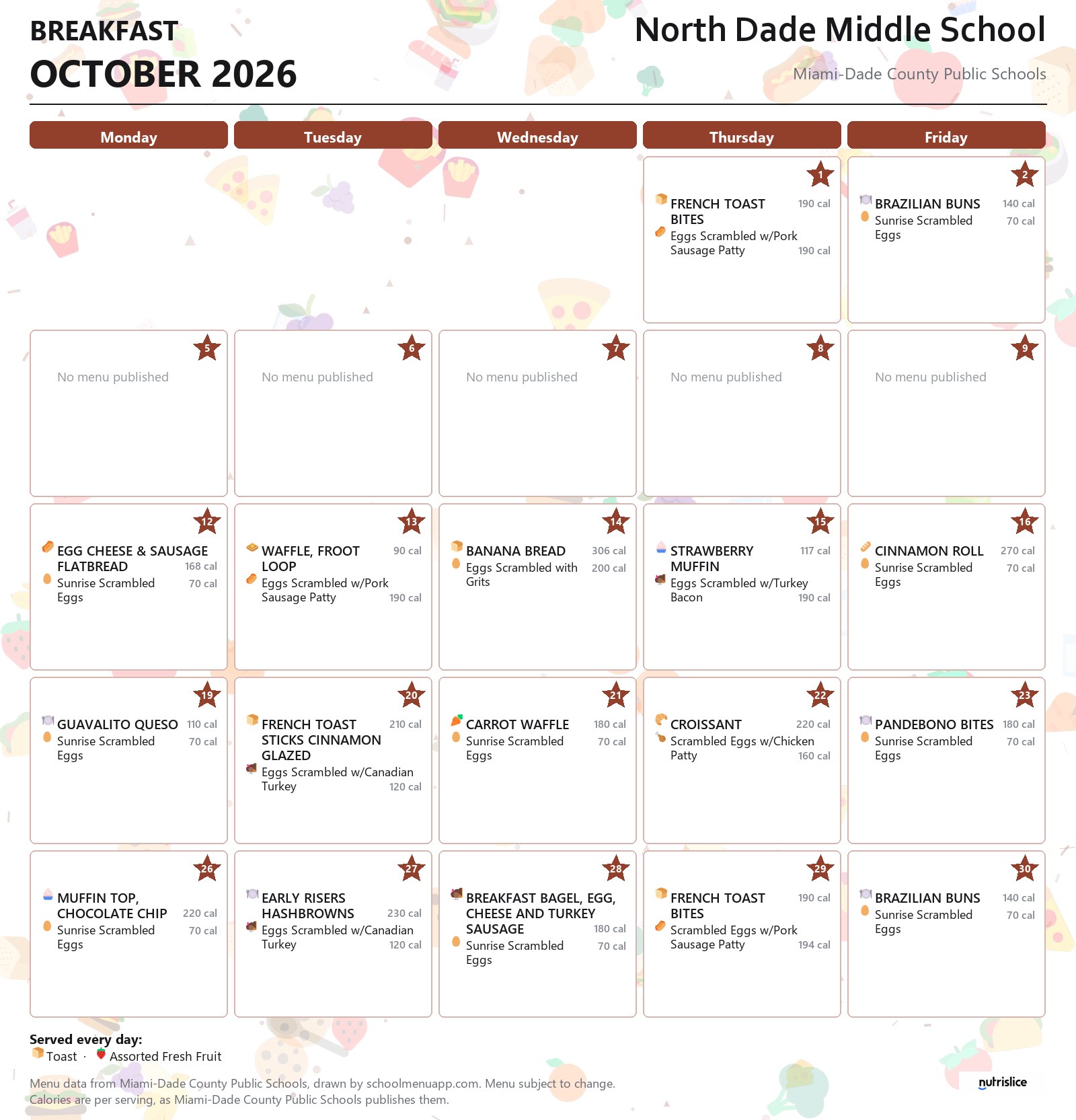 North Dade Middle School breakfast menu for October 2026 &mdash; Miami-Dade County Public Schools