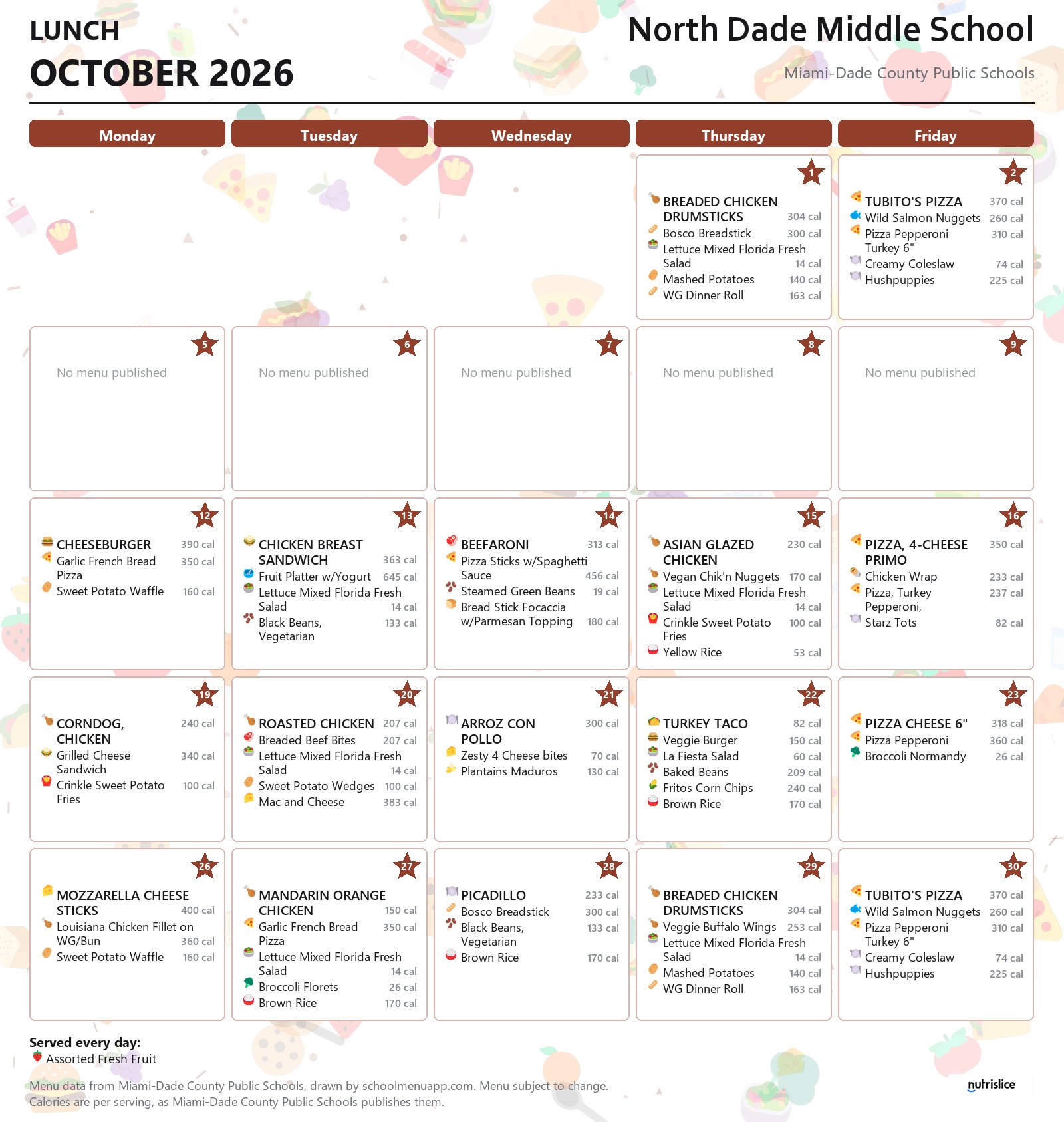 North Dade Middle School lunch menu for October 2026 &mdash; Miami-Dade County Public Schools