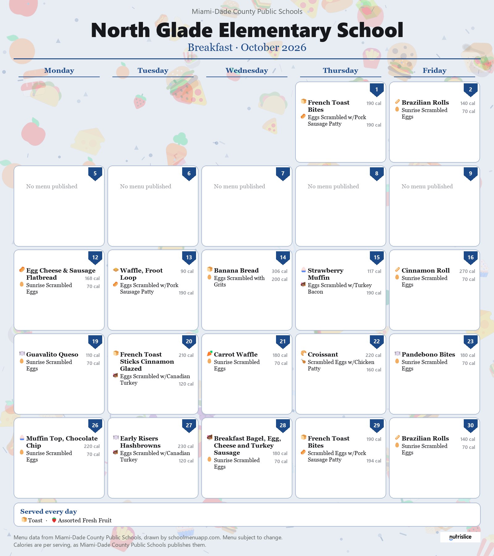 North Glade Elementary School breakfast menu for October 2026 &mdash; Miami-Dade County Public Schools