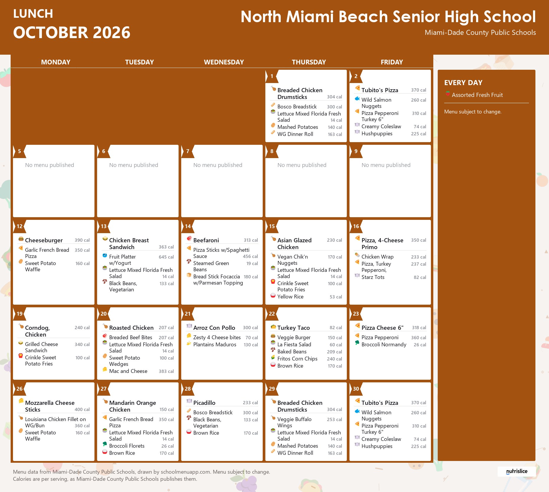 North Miami Beach Senior High School lunch menu for October 2026 &mdash; Miami-Dade County Public Schools