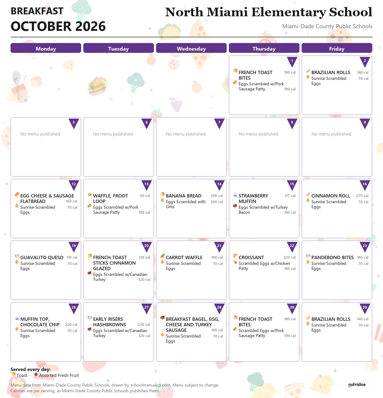 North Miami Elementary School breakfast menu for October 2026 &mdash; Miami-Dade County Public Schools