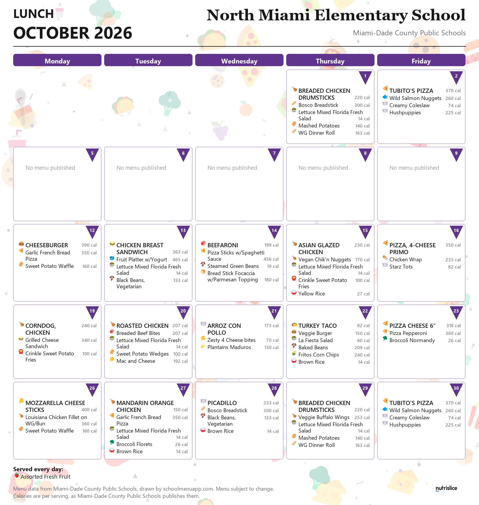 North Miami Elementary School lunch menu for October 2026 &mdash; Miami-Dade County Public Schools