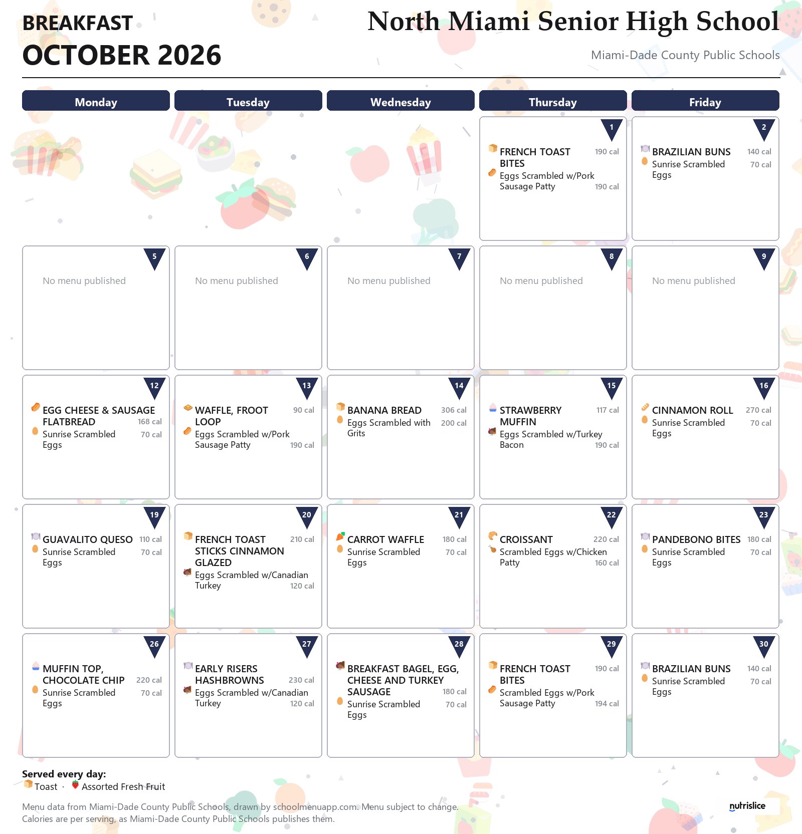North Miami Senior High School breakfast menu for October 2026 &mdash; Miami-Dade County Public Schools