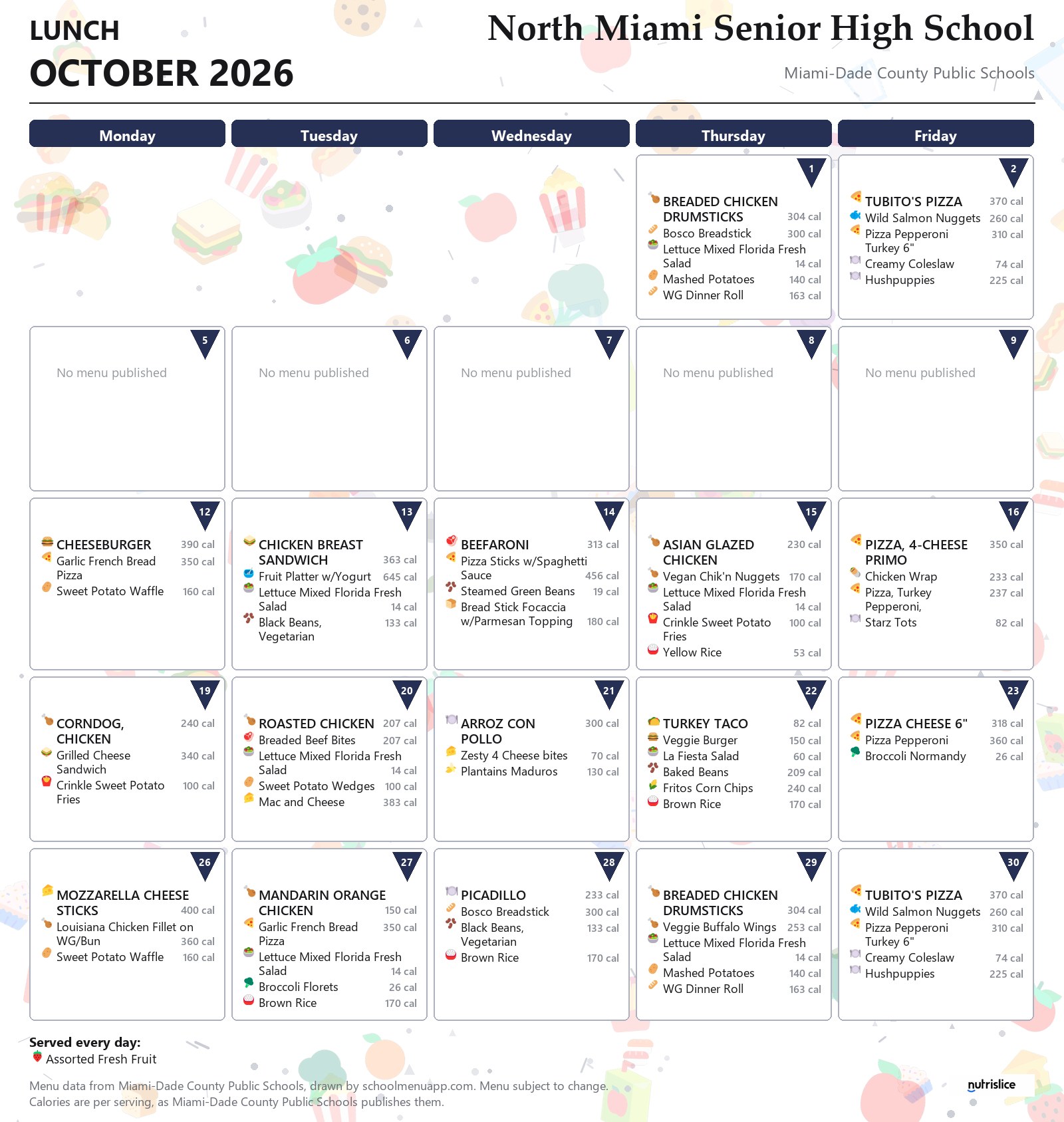 North Miami Senior High School lunch menu for October 2026 &mdash; Miami-Dade County Public Schools