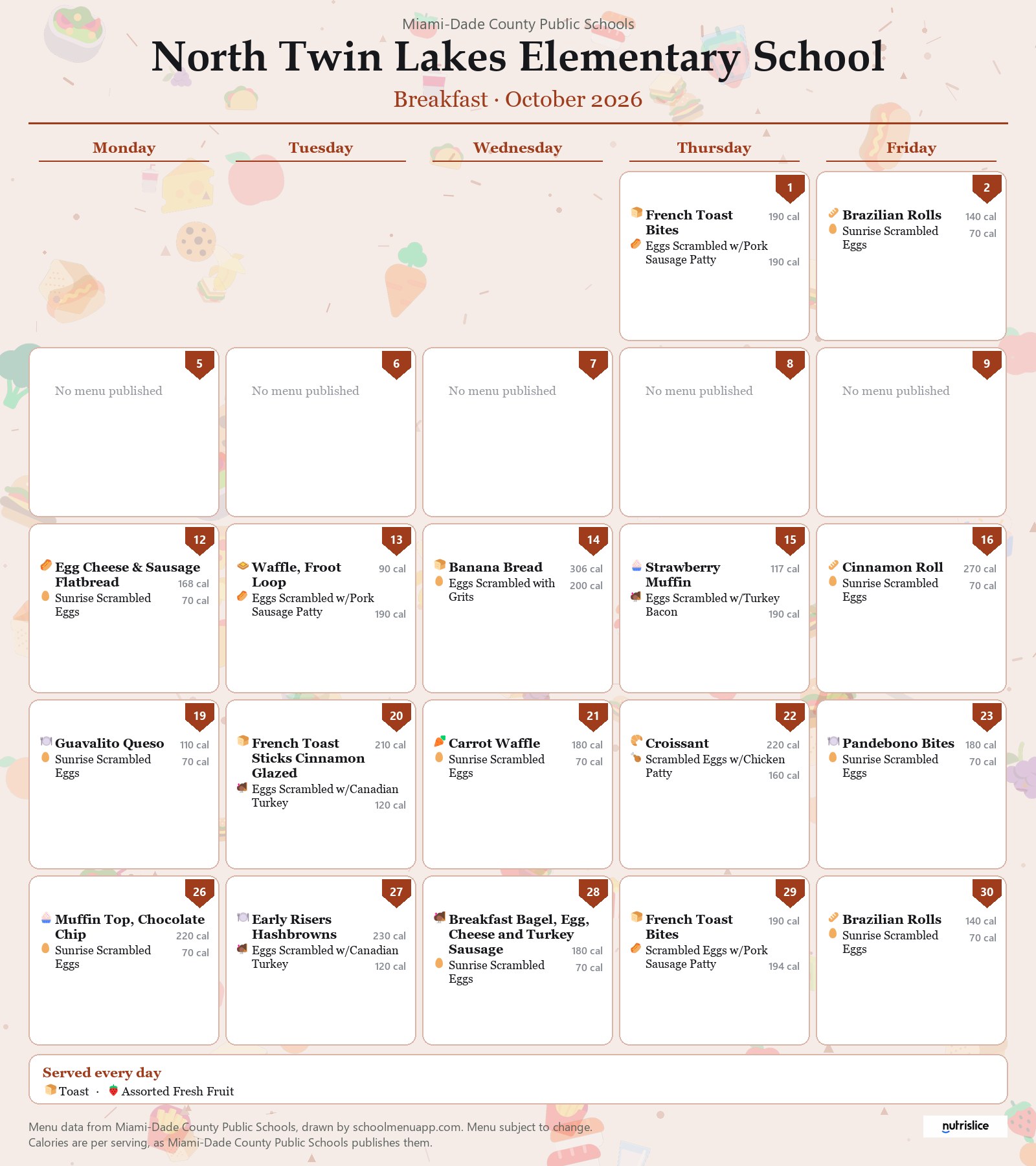 North Twin Lakes Elementary School breakfast menu for October 2026 &mdash; Miami-Dade County Public Schools