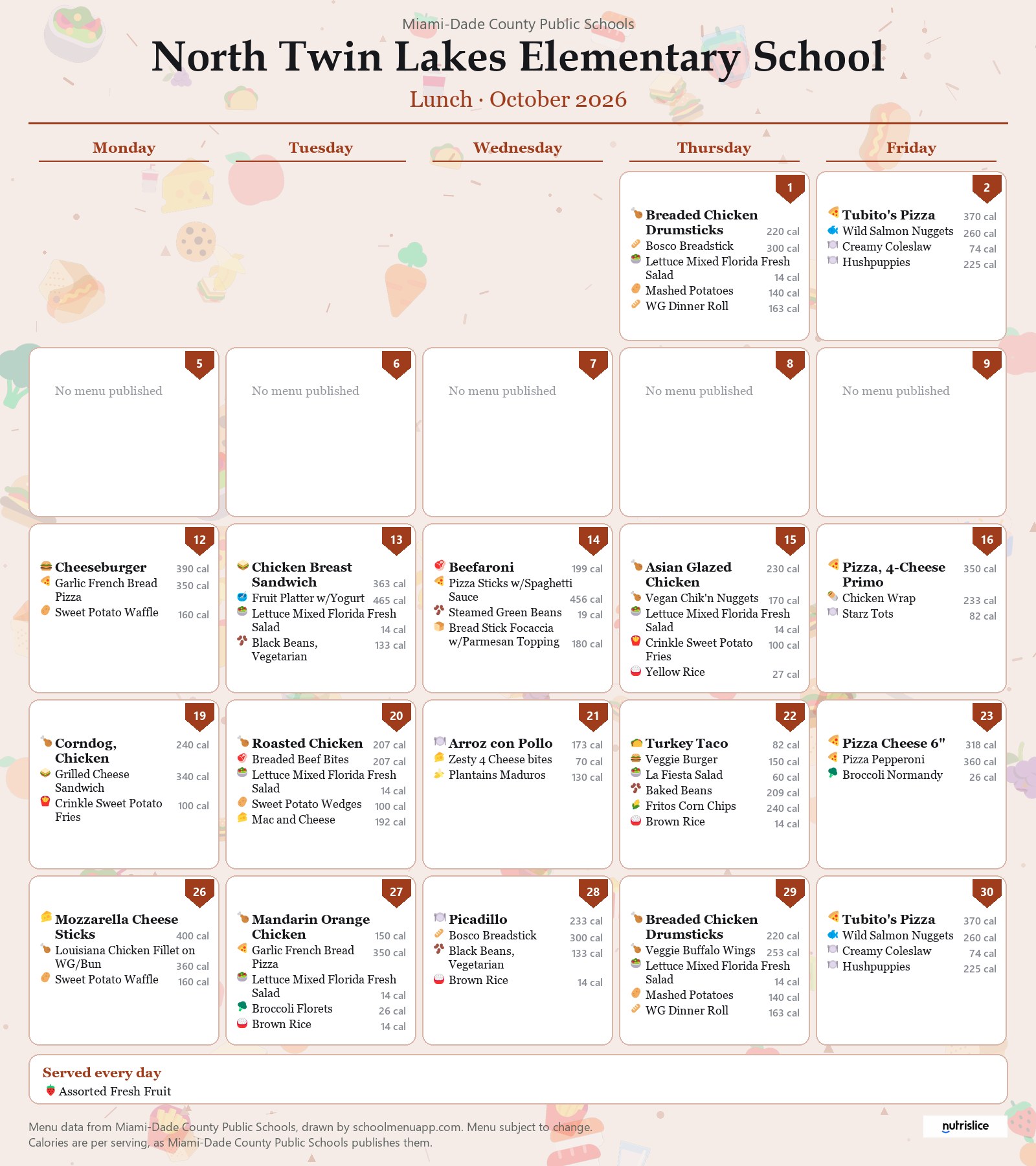North Twin Lakes Elementary School lunch menu for October 2026 &mdash; Miami-Dade County Public Schools