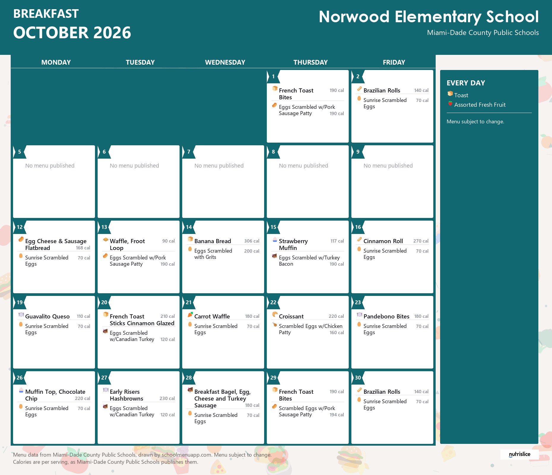 Norwood Elementary School breakfast menu for October 2026 &mdash; Miami-Dade County Public Schools