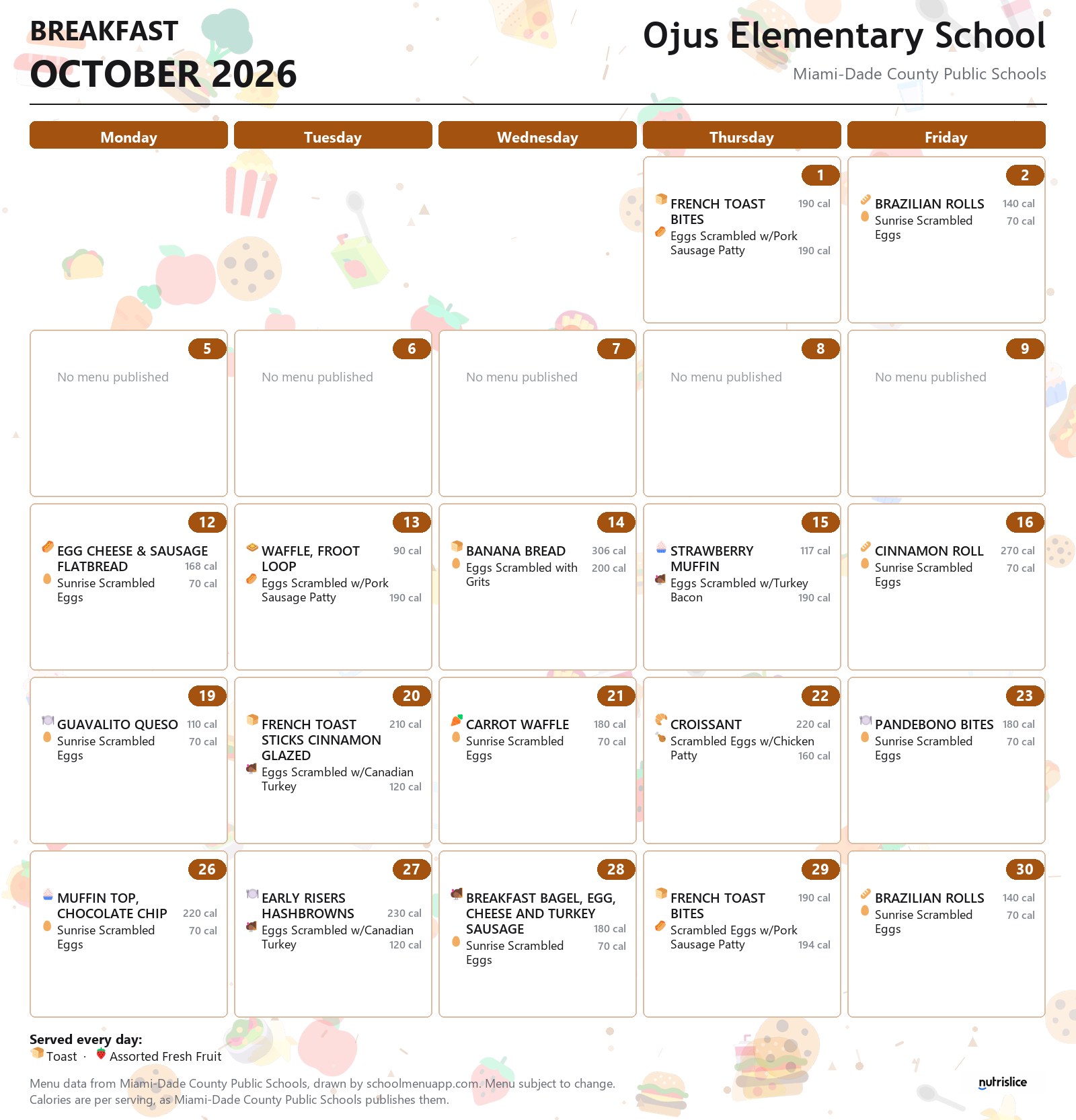 Ojus Elementary School breakfast menu for October 2026 &mdash; Miami-Dade County Public Schools
