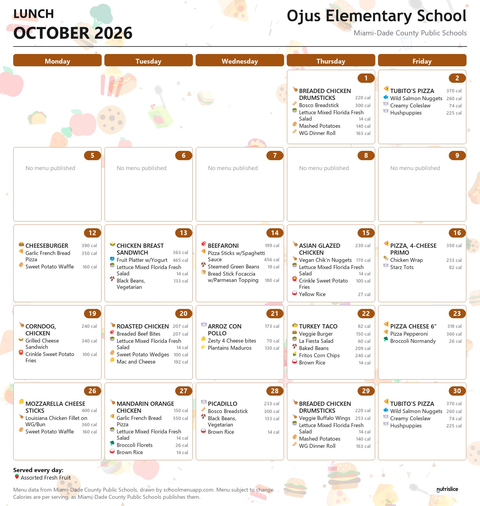 Ojus Elementary School lunch menu for October 2026 &mdash; Miami-Dade County Public Schools
